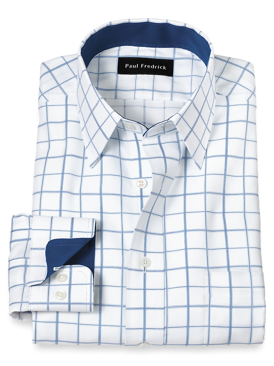 Non-Iron Cotton Windowpane Dress Shirt With Contrast Trim - White Non-Iron Cotton Windowpane Dress Shirt With Contrast Trim - White