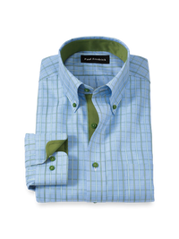 Non-Iron Cotton Windowpane Dress Shirt With Contrast Trim - Blue