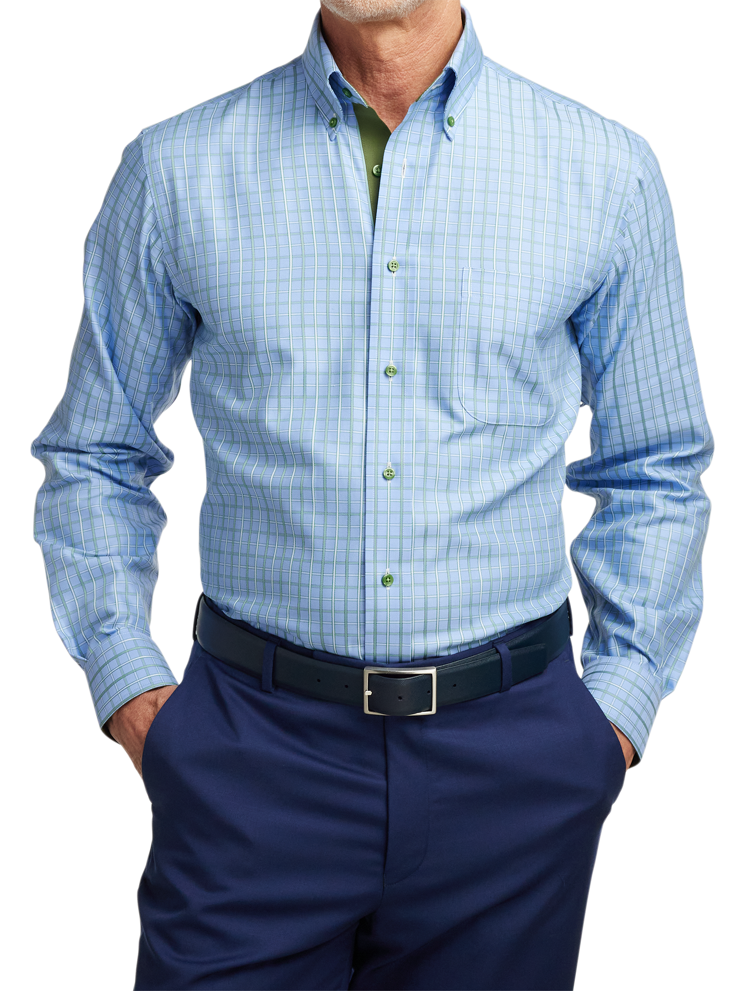 Non-Iron Cotton Windowpane Dress Shirt With Contrast Trim - Blue