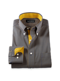 Comfort Stretch Non-Iron Check Dress Shirt With Contrast Trim - Navy/gold