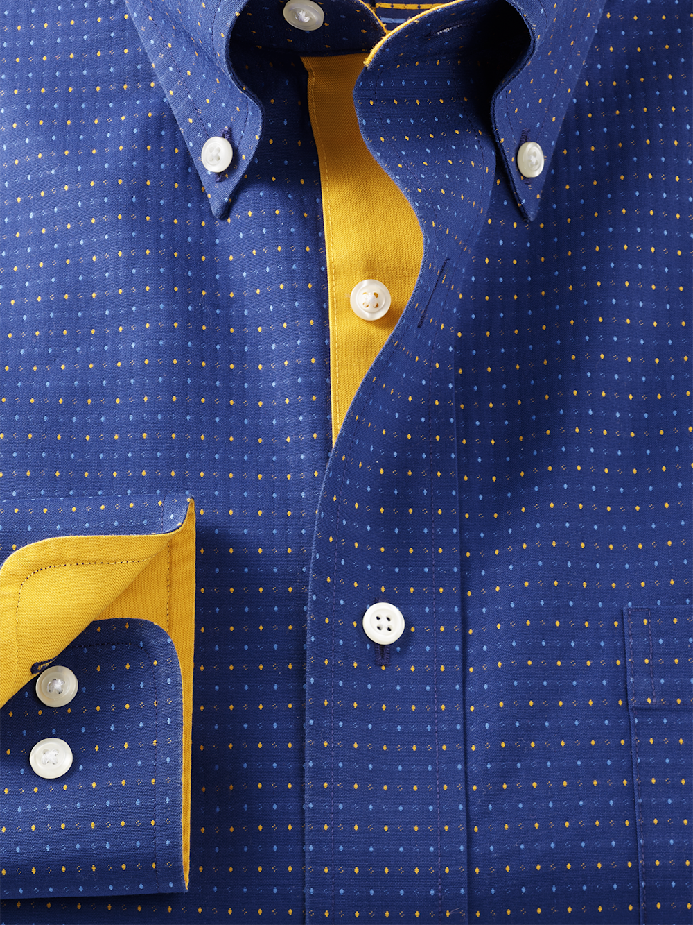Comfort Stretch Non-Iron Dot Dress Shirt With Contrast Trim - Navy/gold Slim Fit / 17 / 32 Comfort Stretch Non-Iron Dot Dress Shirt With Contrast Trim - Navy/gold Slim Fit / 17 / 32