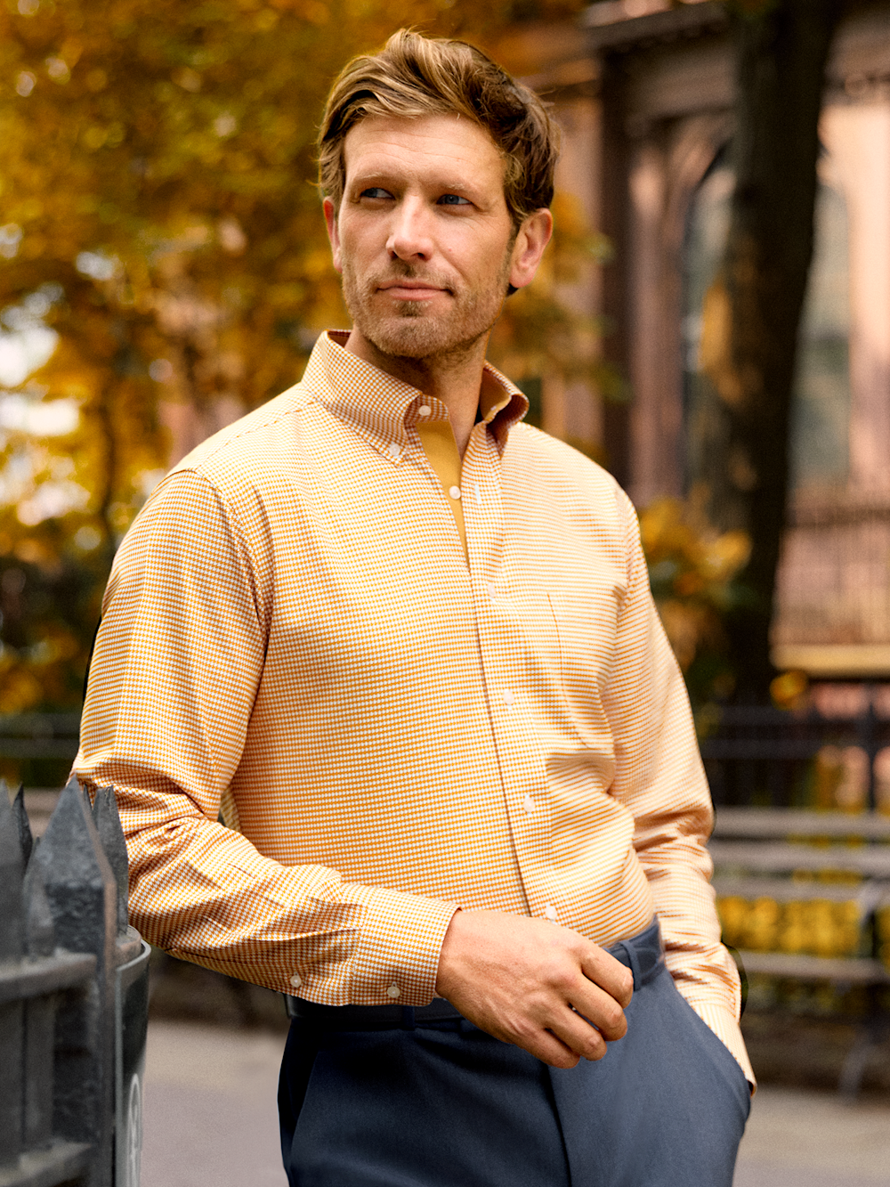 Comfort Stretch Non-Iron Houndstooth Dress Shirt With Contrast Trim - Gold Classic Fit / 22 / 35 Comfort Stretch Non-Iron Houndstooth Dress Shirt With Contrast Trim - Gold Classic Fit / 22 / 35