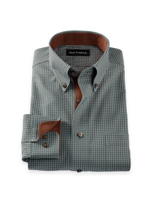 Comfort Stretch Non-Iron Check Dress Shirt With Contrast Trim - Pine Green