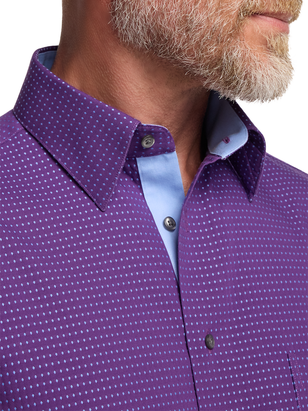 Alternate Shot of Men's Purple Dot Shirts Trim Inside Neckband  Inside Cuffs  Button Side Of Placket - 2