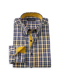 Comfort Stretch Non-Iron Check Dress Shirt With Contrast Trim - Navy/gold