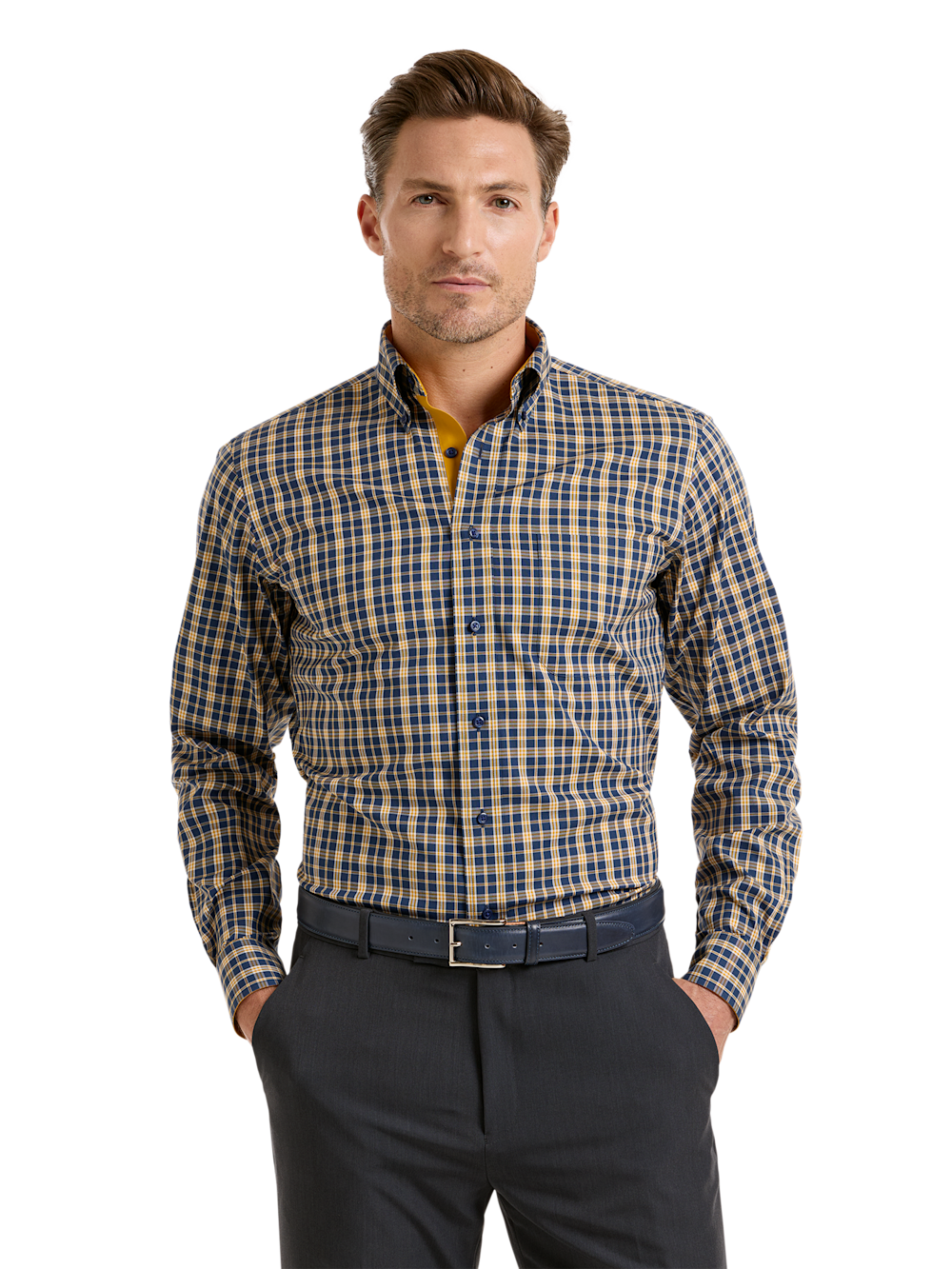 Alternate Shot of Men's Navy/Gold Check Shirts Trim Inside Neckband  Inside Cuffs  Button Side Of Placket - 1