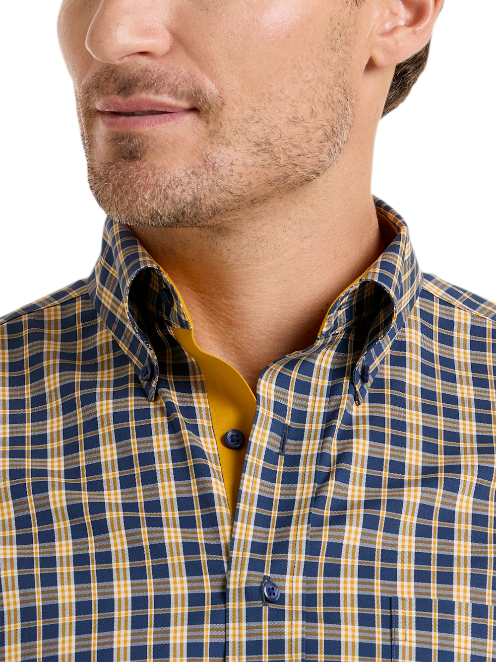Alternate Shot of Men's Navy/Gold Check Shirts Trim Inside Neckband  Inside Cuffs  Button Side Of Placket - 2