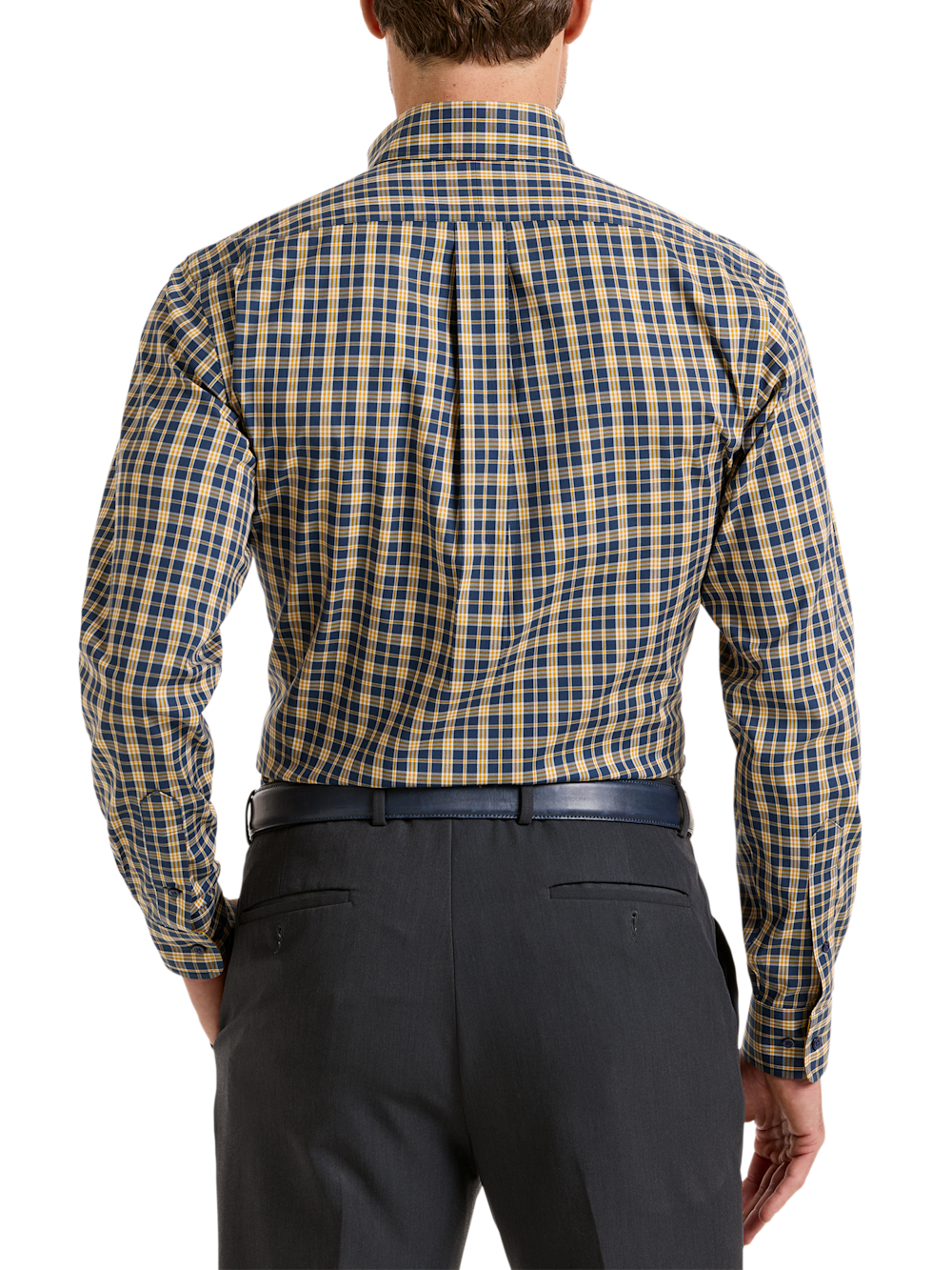 Alternate Shot of Men's Navy/Gold Check Shirts Trim Inside Neckband  Inside Cuffs  Button Side Of Placket - 4