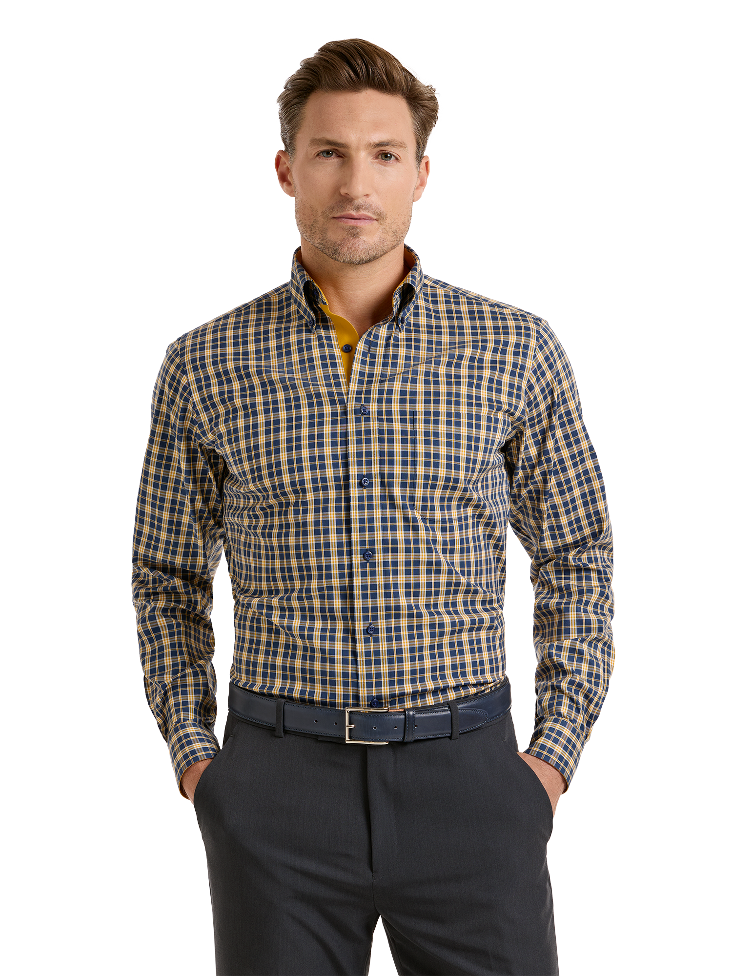 Comfort Stretch Non-Iron Check Dress Shirt With Contrast Trim - Navy/gold