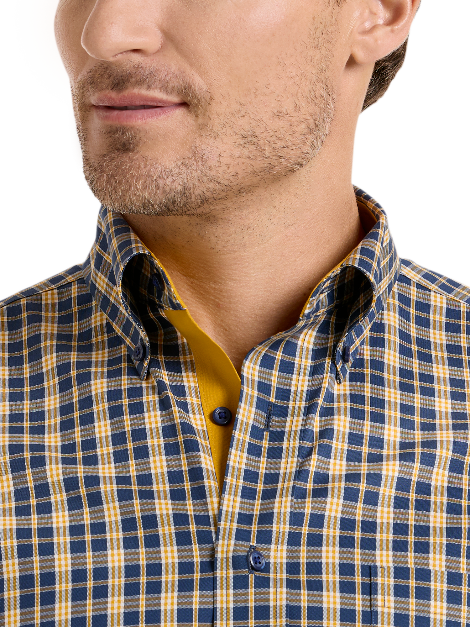 Comfort Stretch Non-Iron Check Dress Shirt With Contrast Trim - Navy/gold