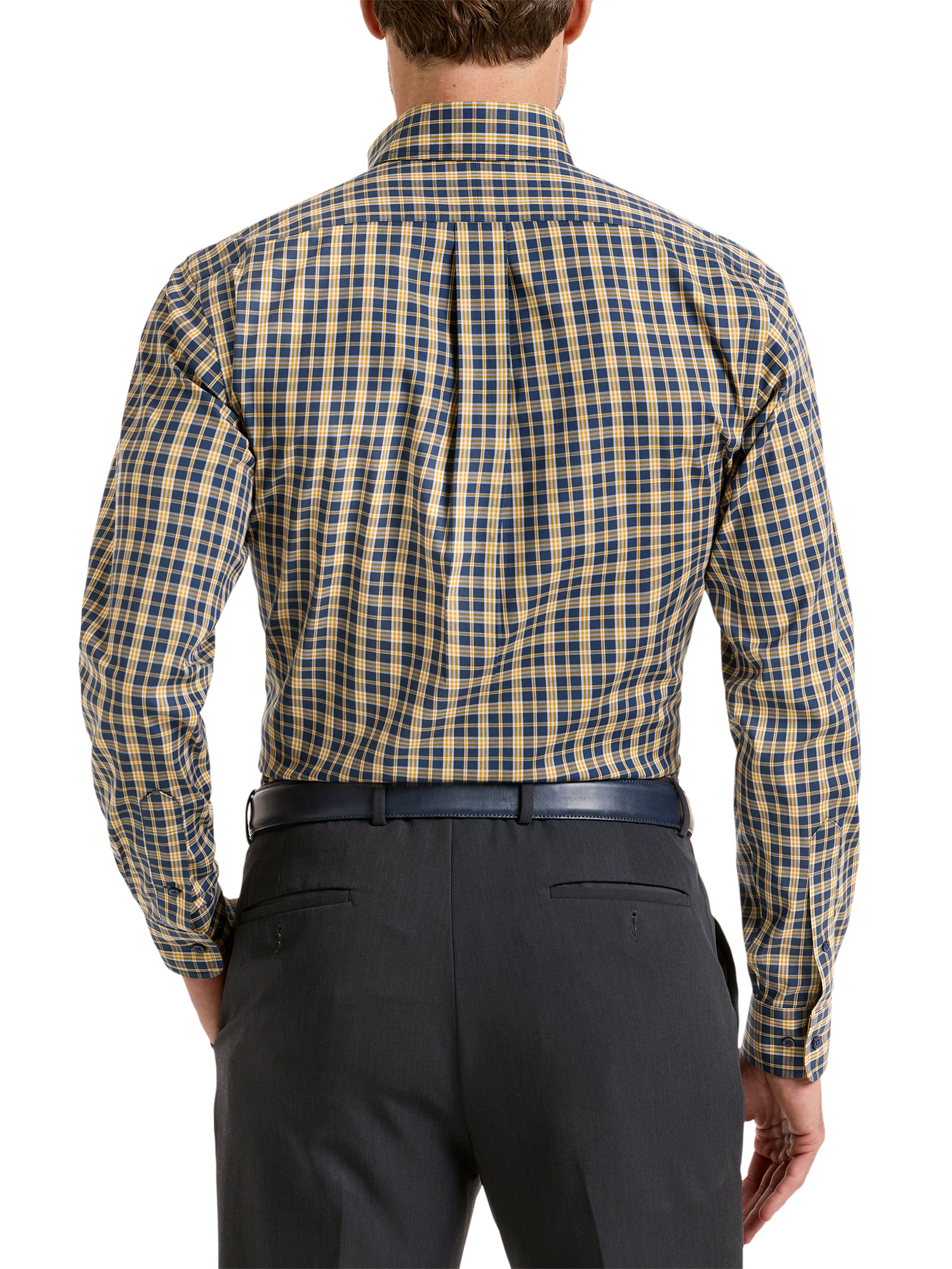 Comfort Stretch Non-Iron Check Dress Shirt With Contrast Trim - Navy/gold