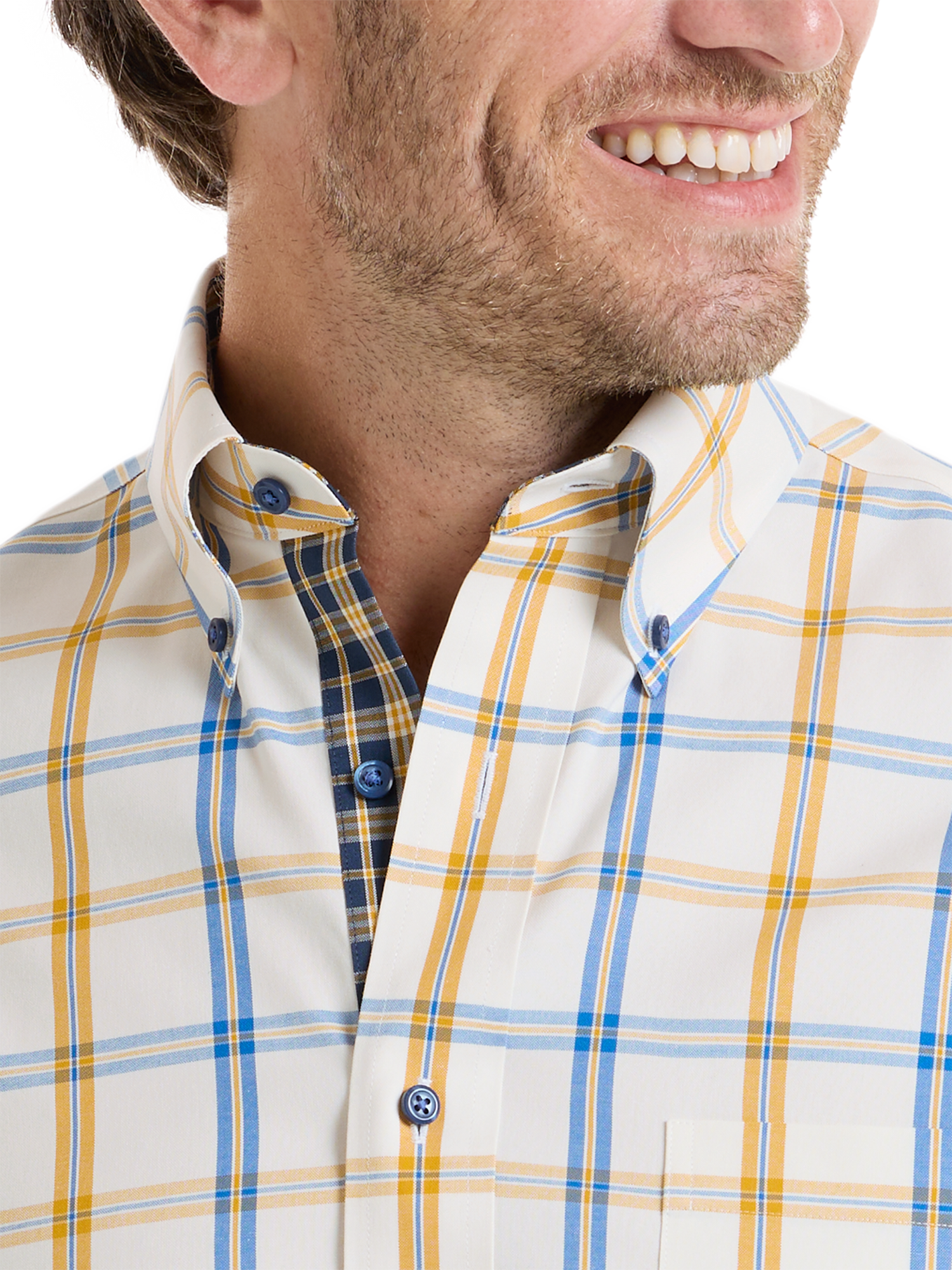 Comfort Stretch Non-Iron Windowpane Dress Shirt With Contrast Trim - Navy/gold