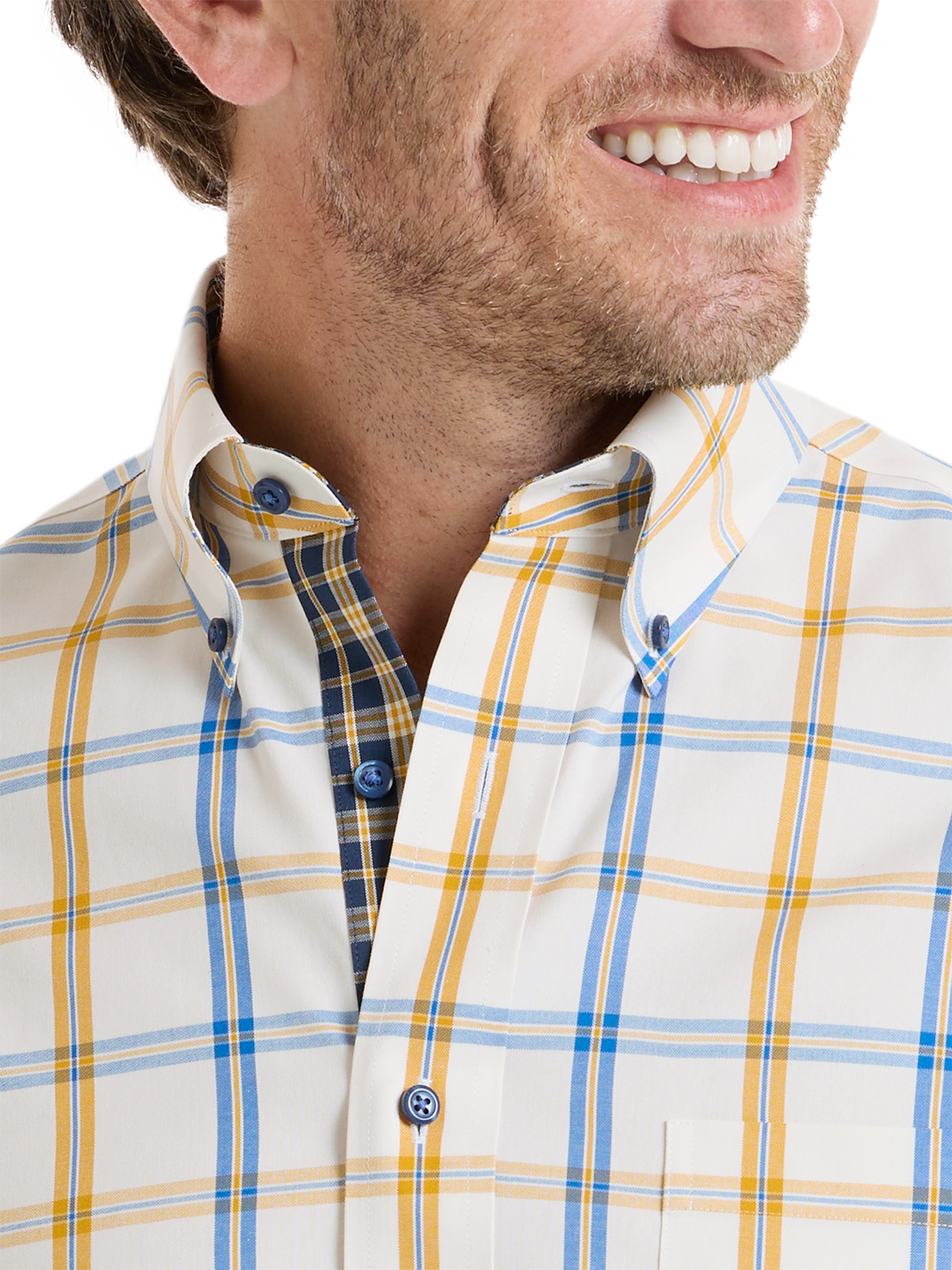 Comfort Stretch Non-Iron Windowpane Dress Shirt With Contrast Trim - Navy/gold