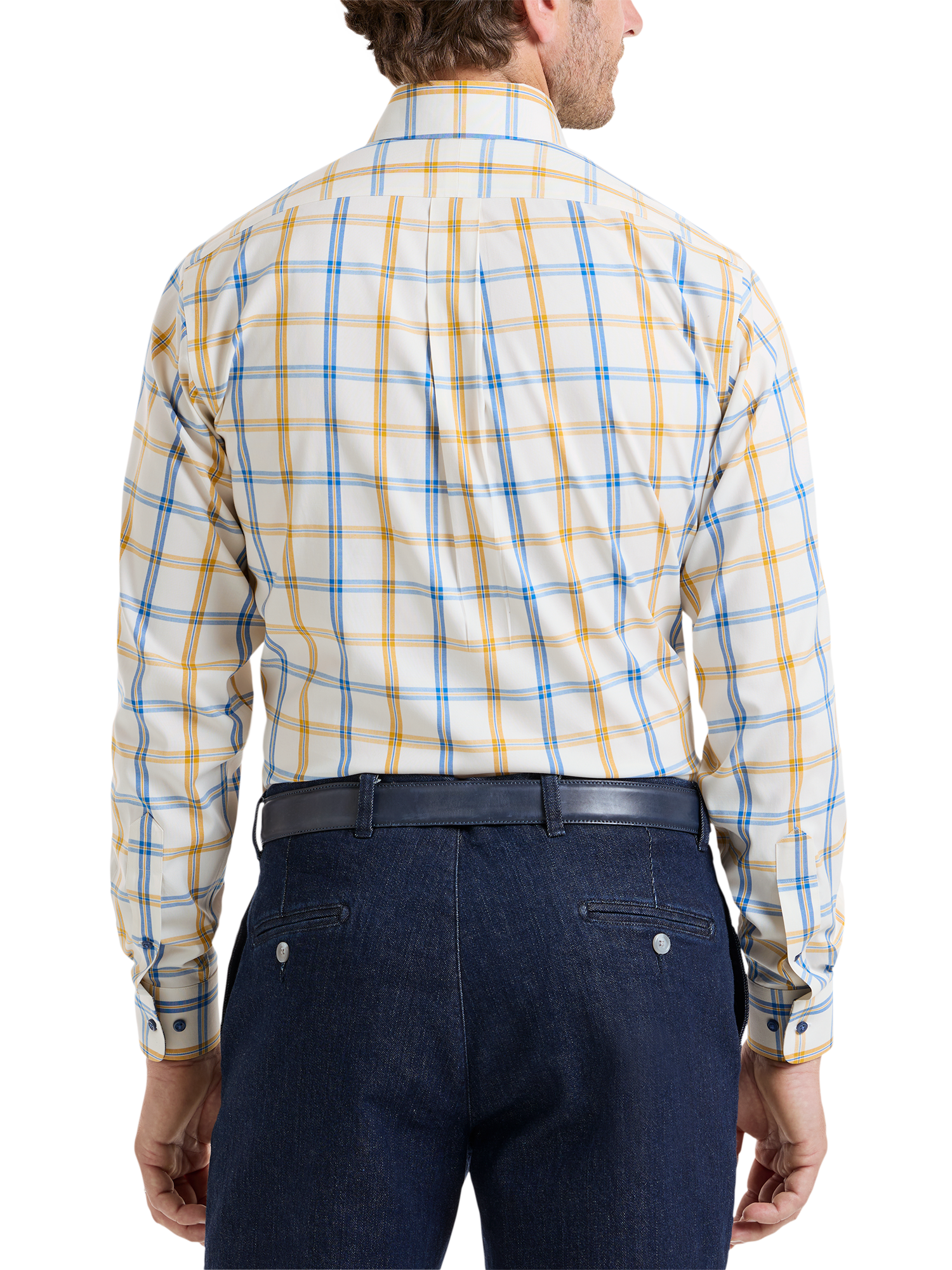 Comfort Stretch Non-Iron Windowpane Dress Shirt With Contrast Trim - Navy/gold