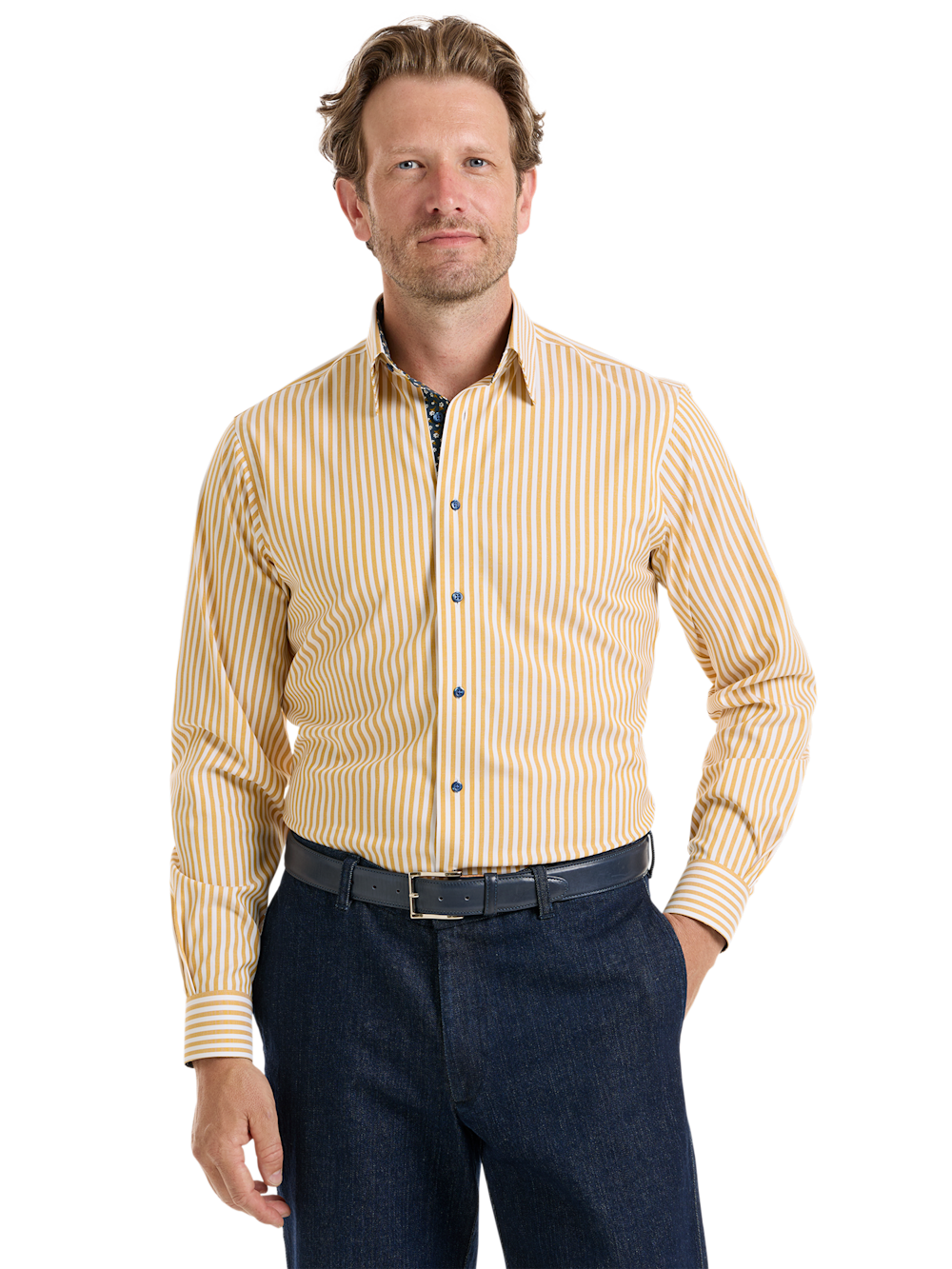 Alternate Shot of Men's Gold/Navy Stripe Shirts Trim Inside Neckband  Inside Cuffs  Button Side Of Placket - 1