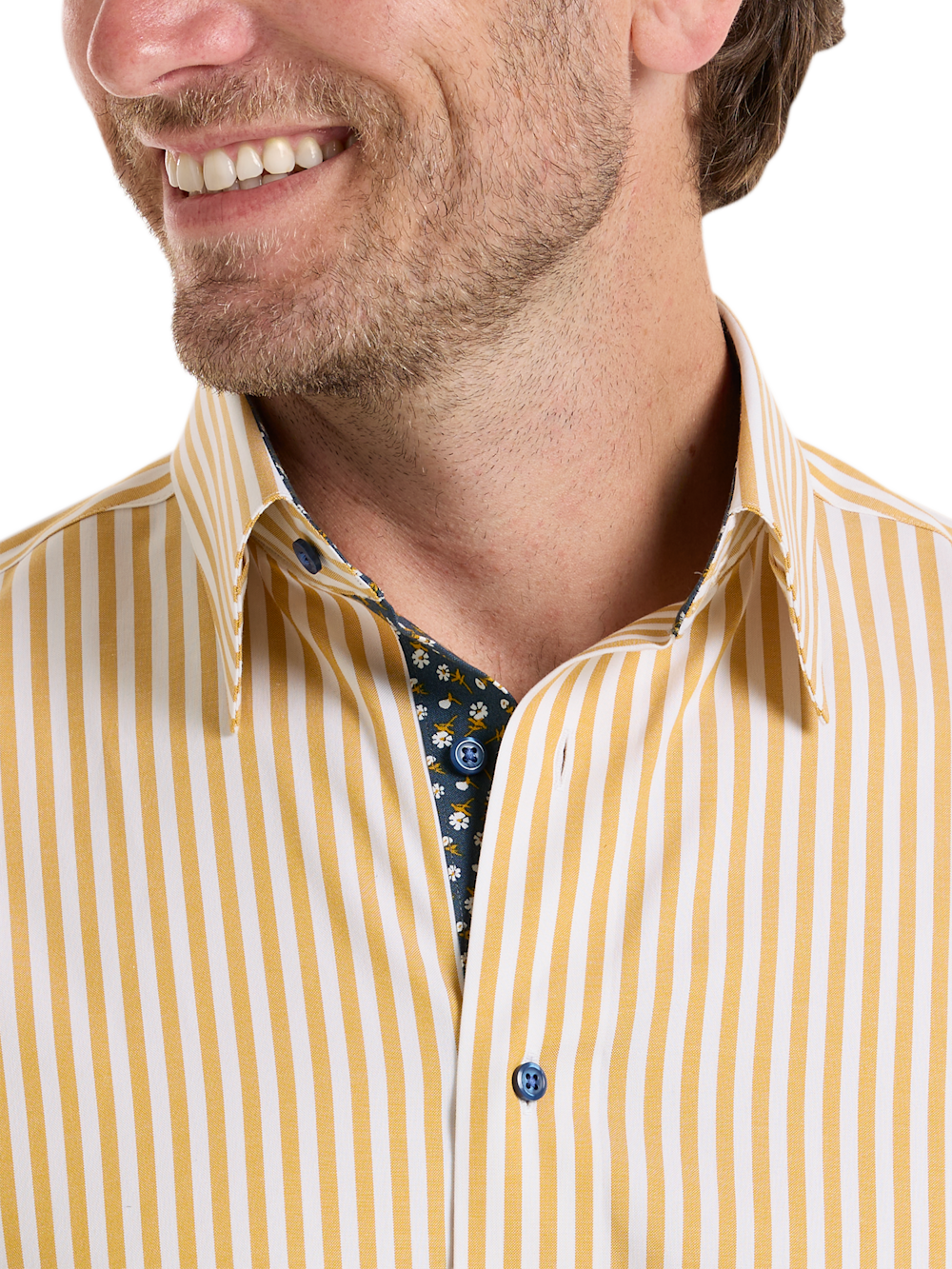 Alternate Shot of Men's Gold/Navy Stripe Shirts Trim Inside Neckband  Inside Cuffs  Button Side Of Placket - 2