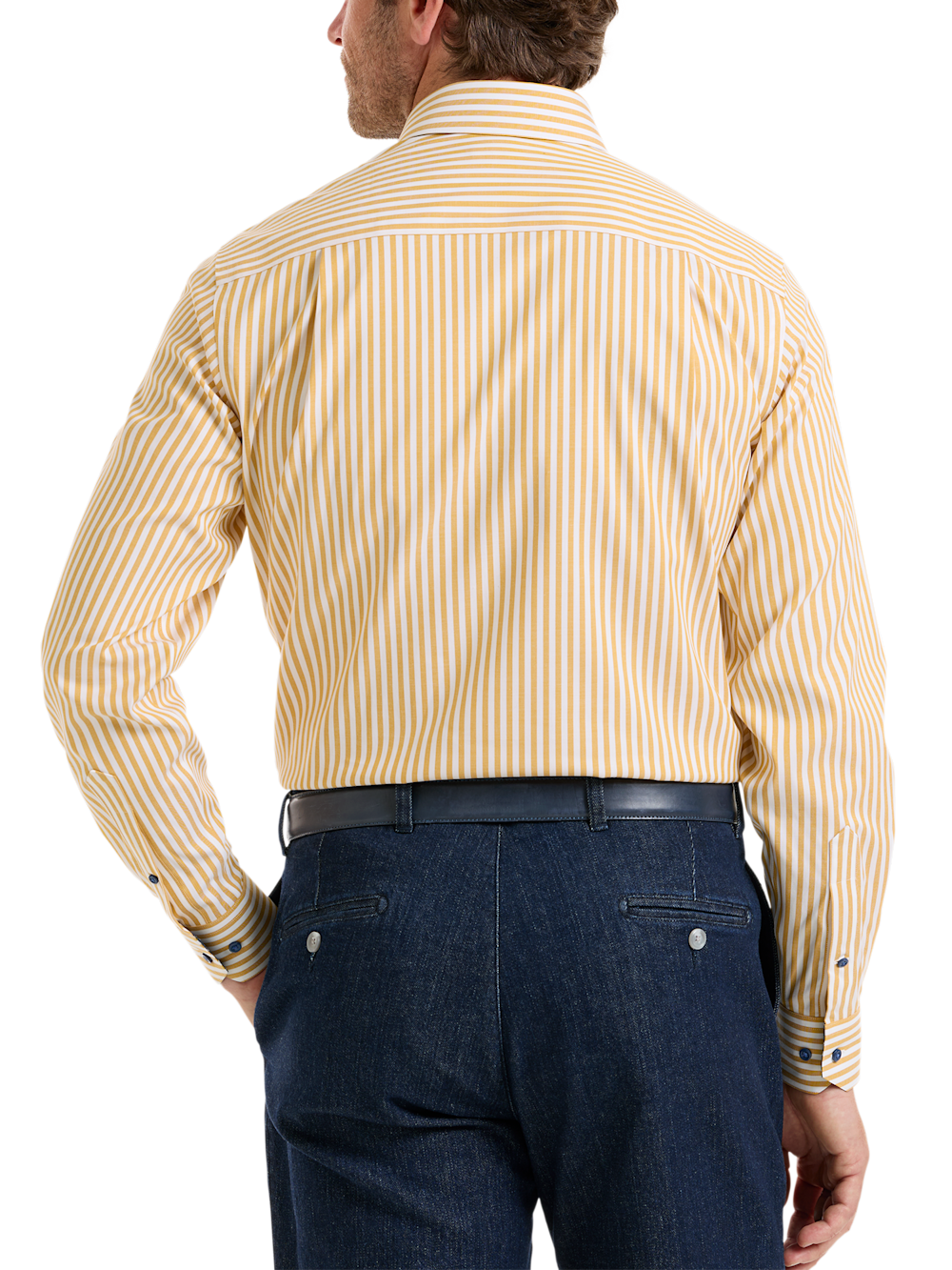 Alternate Shot of Men's Gold/Navy Stripe Shirts Trim Inside Neckband  Inside Cuffs  Button Side Of Placket - 4
