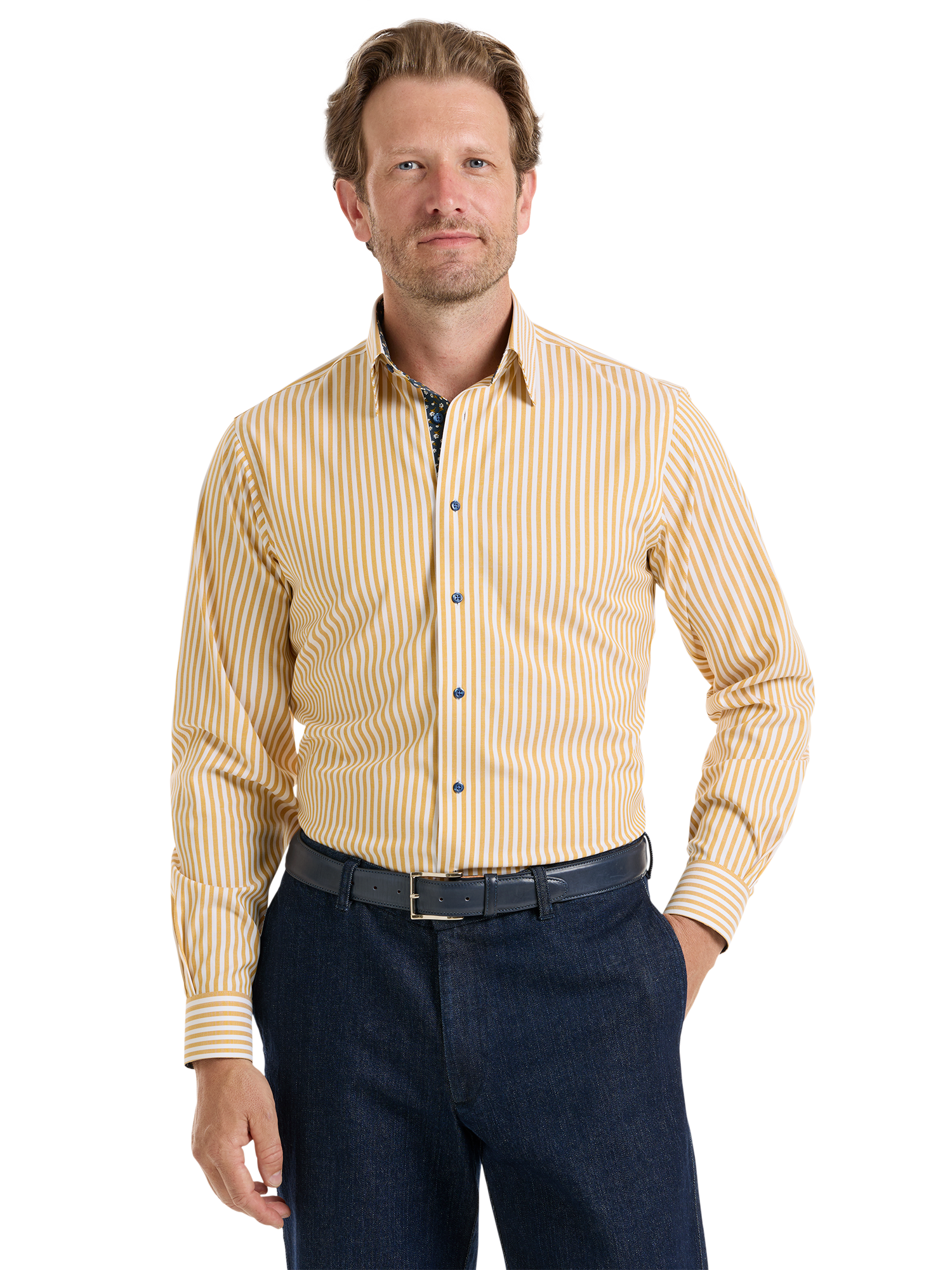 Comfort Stretch Non-Iron Stripe Dress Shirt With Contrast Trim - Gold/navy