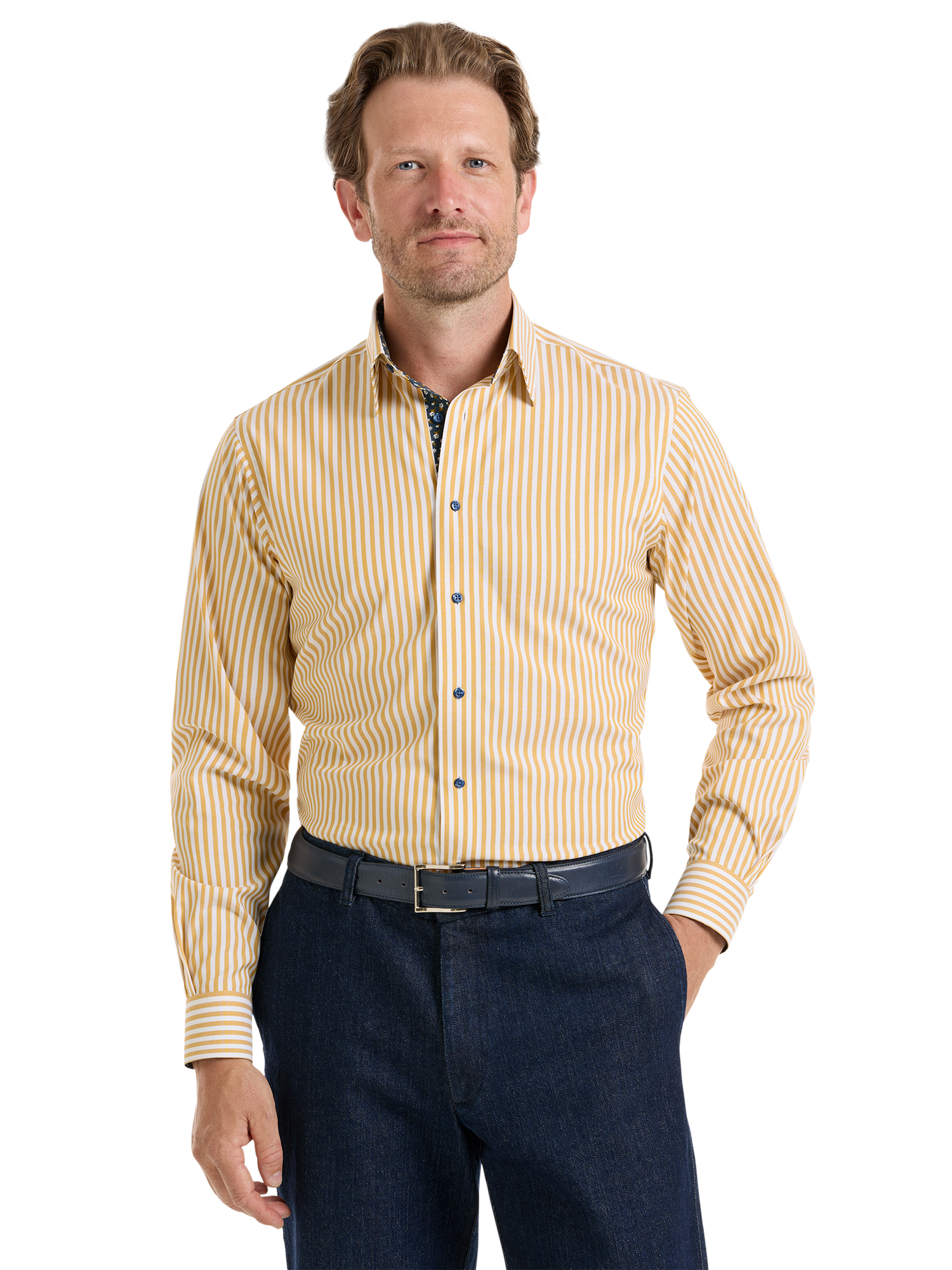 Comfort Stretch Non-Iron Stripe Dress Shirt With Contrast Trim - Gold/navy