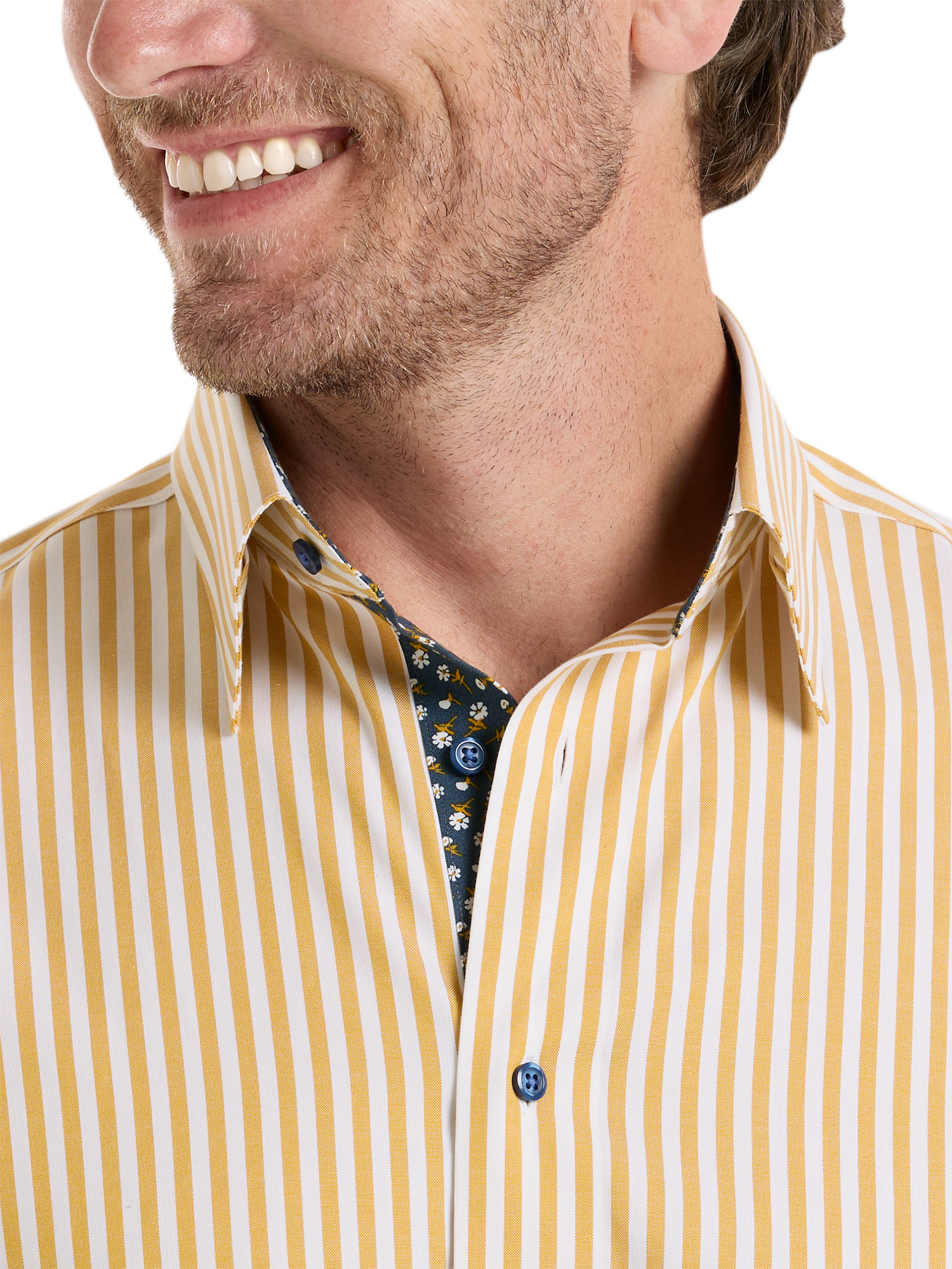 Comfort Stretch Non-Iron Stripe Dress Shirt With Contrast Trim - Gold/navy