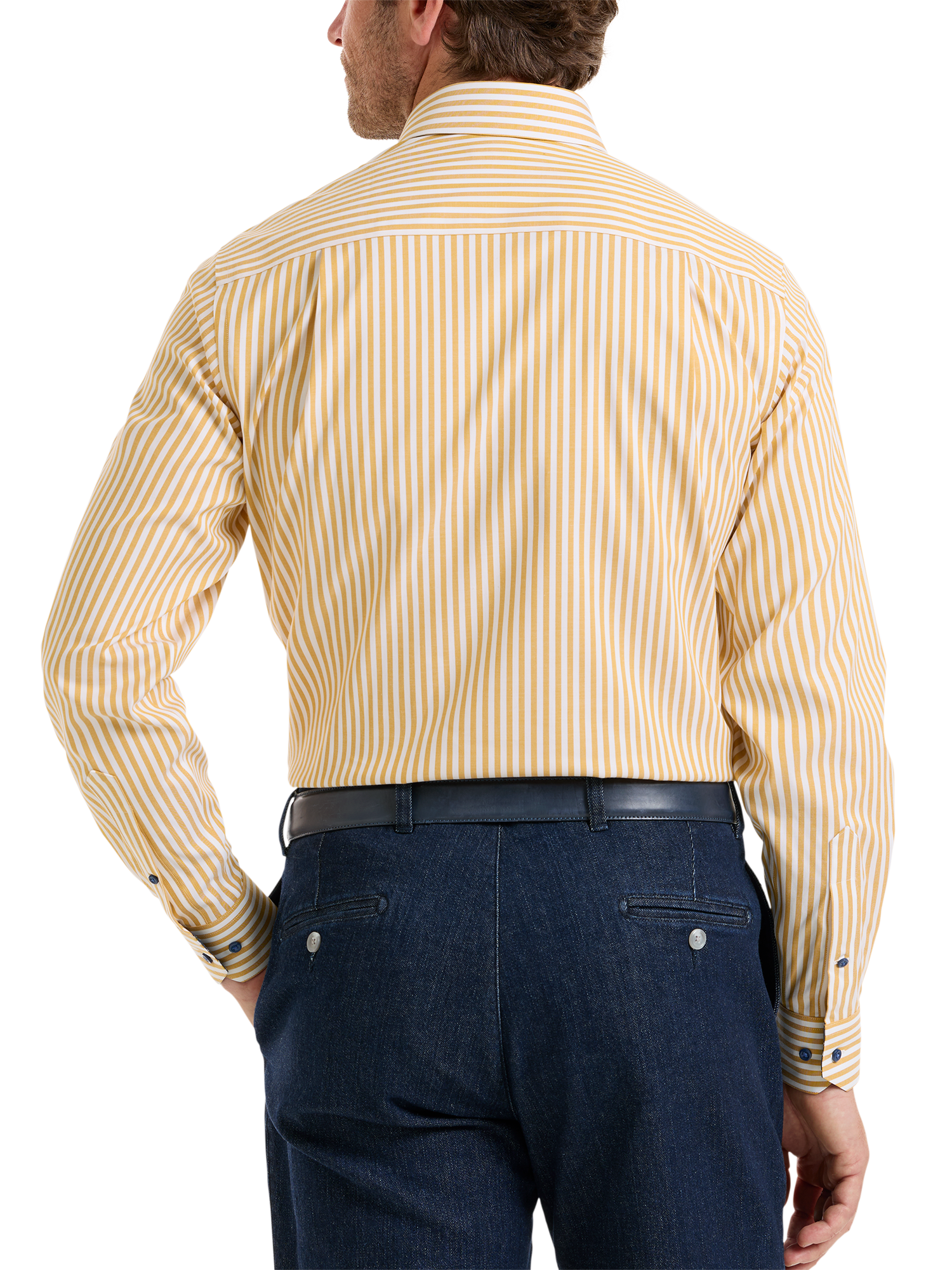 Comfort Stretch Non-Iron Stripe Dress Shirt With Contrast Trim - Gold/navy
