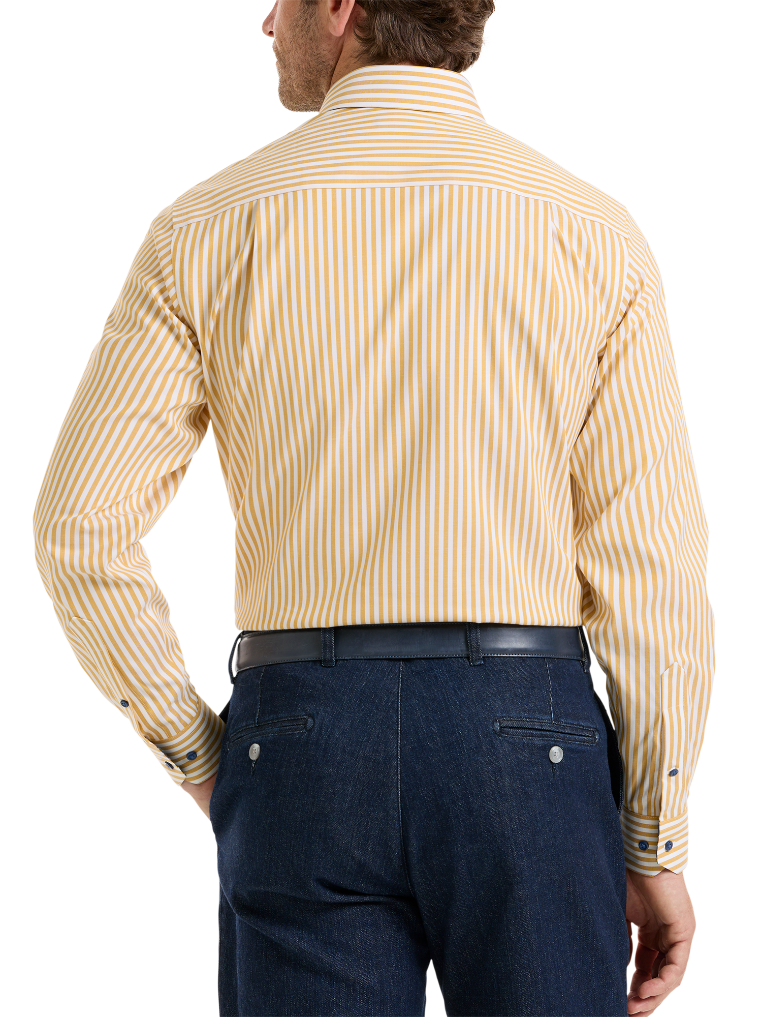 Comfort Stretch Non-Iron Stripe Dress Shirt With Contrast Trim - Gold/navy