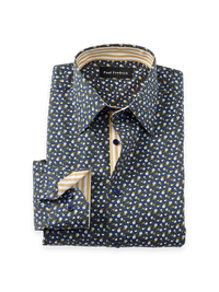 Comfort Stretch Non-Iron Floral Dress Shirt With Contrast Trim - Navy/gold