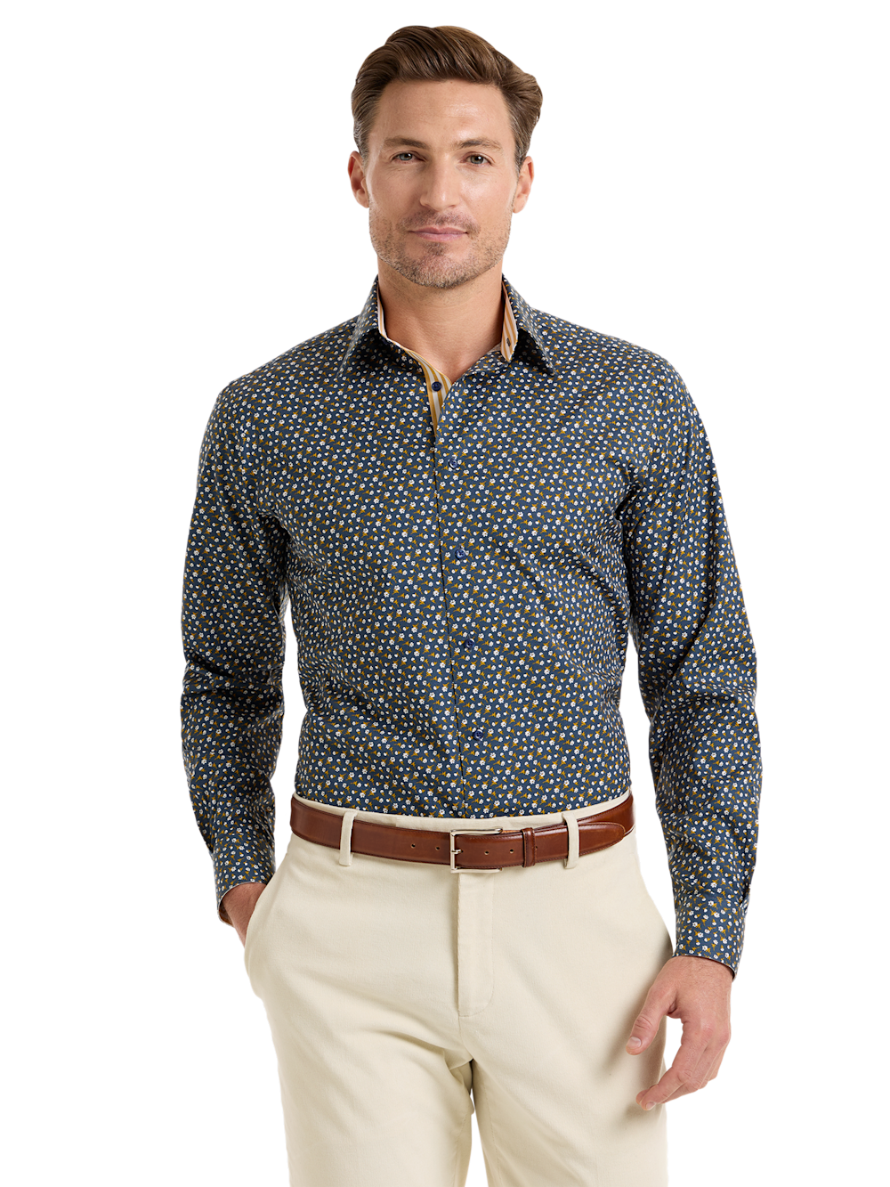 Alternate Shot of Men's Navy/Gold Floral Shirts Trim Inside Neckband  Inside Cuffs  Button Side Of Placket - 1
