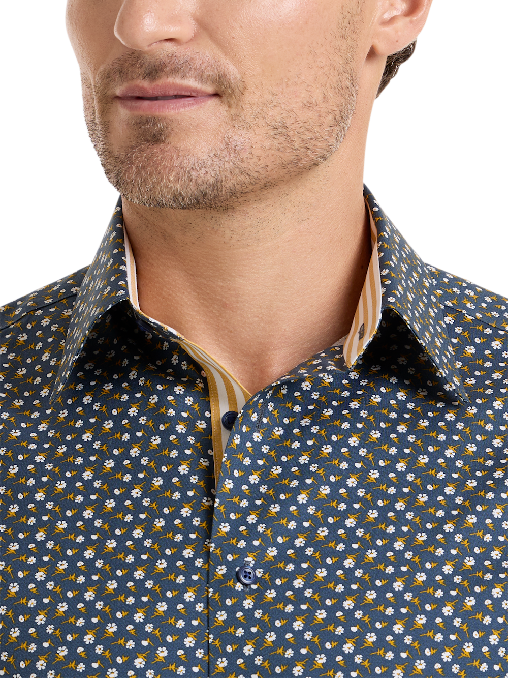 Alternate Shot of Men's Navy/Gold Floral Shirts Trim Inside Neckband  Inside Cuffs  Button Side Of Placket - 2