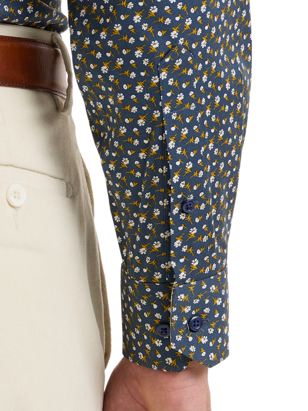 Alternate Shot of Men's Navy/Gold Floral Shirts Trim Inside Neckband  Inside Cuffs  Button Side Of Placket - 3