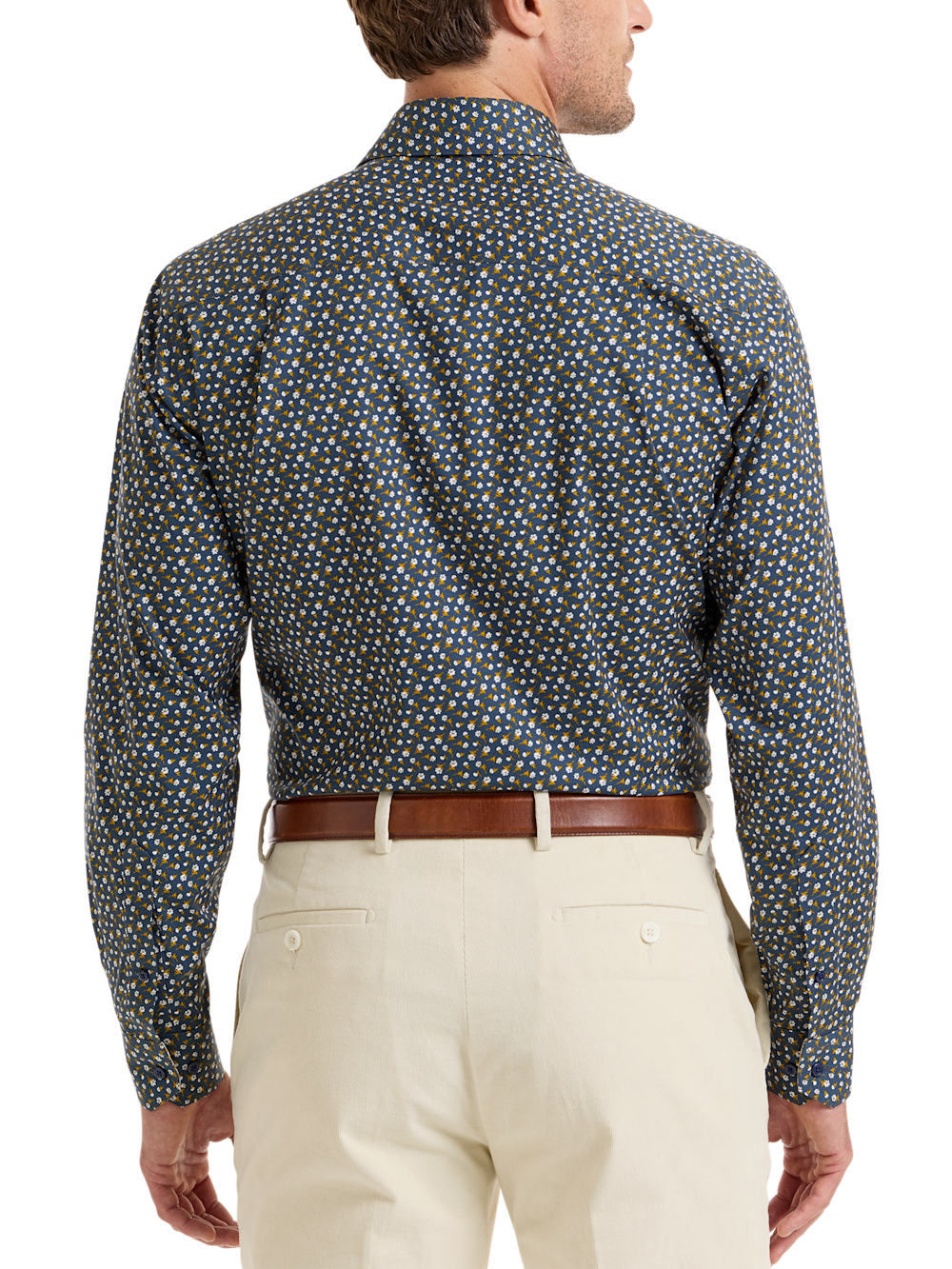 Alternate Shot of Men's Navy/Gold Floral Shirts Trim Inside Neckband  Inside Cuffs  Button Side Of Placket - 4