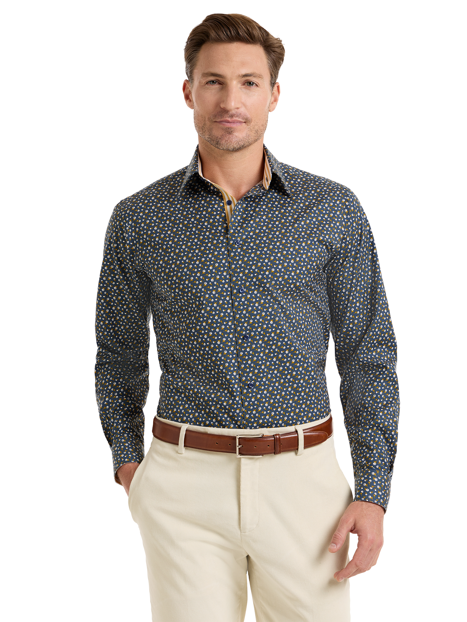 Comfort Stretch Non-Iron Floral Dress Shirt With Contrast Trim - Navy/gold