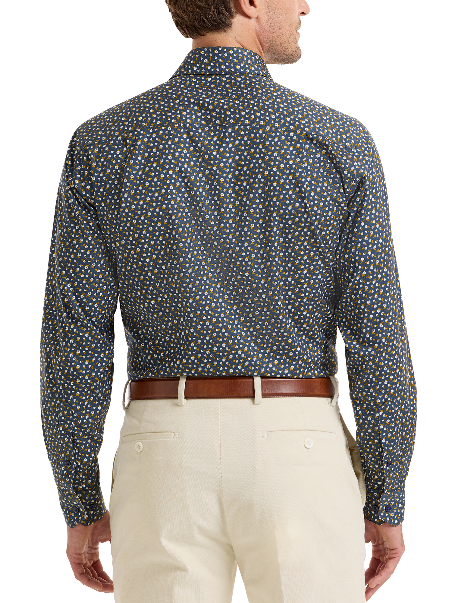 Comfort Stretch Non-Iron Floral Dress Shirt With Contrast Trim - Navy/gold
