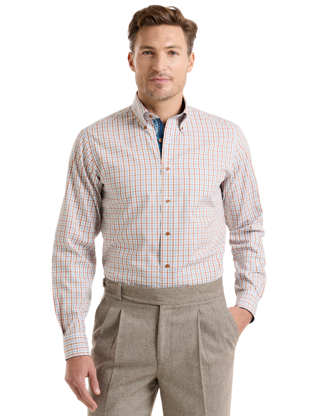 Alternate Shot of Men's Blue/rust Check Shirts Trim Inside Neckband  Inside Cuffs  Button Side Of Placket - 1