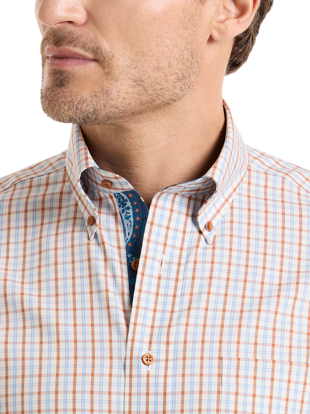 Alternate Shot of Men's Blue/rust Check Shirts Trim Inside Neckband  Inside Cuffs  Button Side Of Placket - 2
