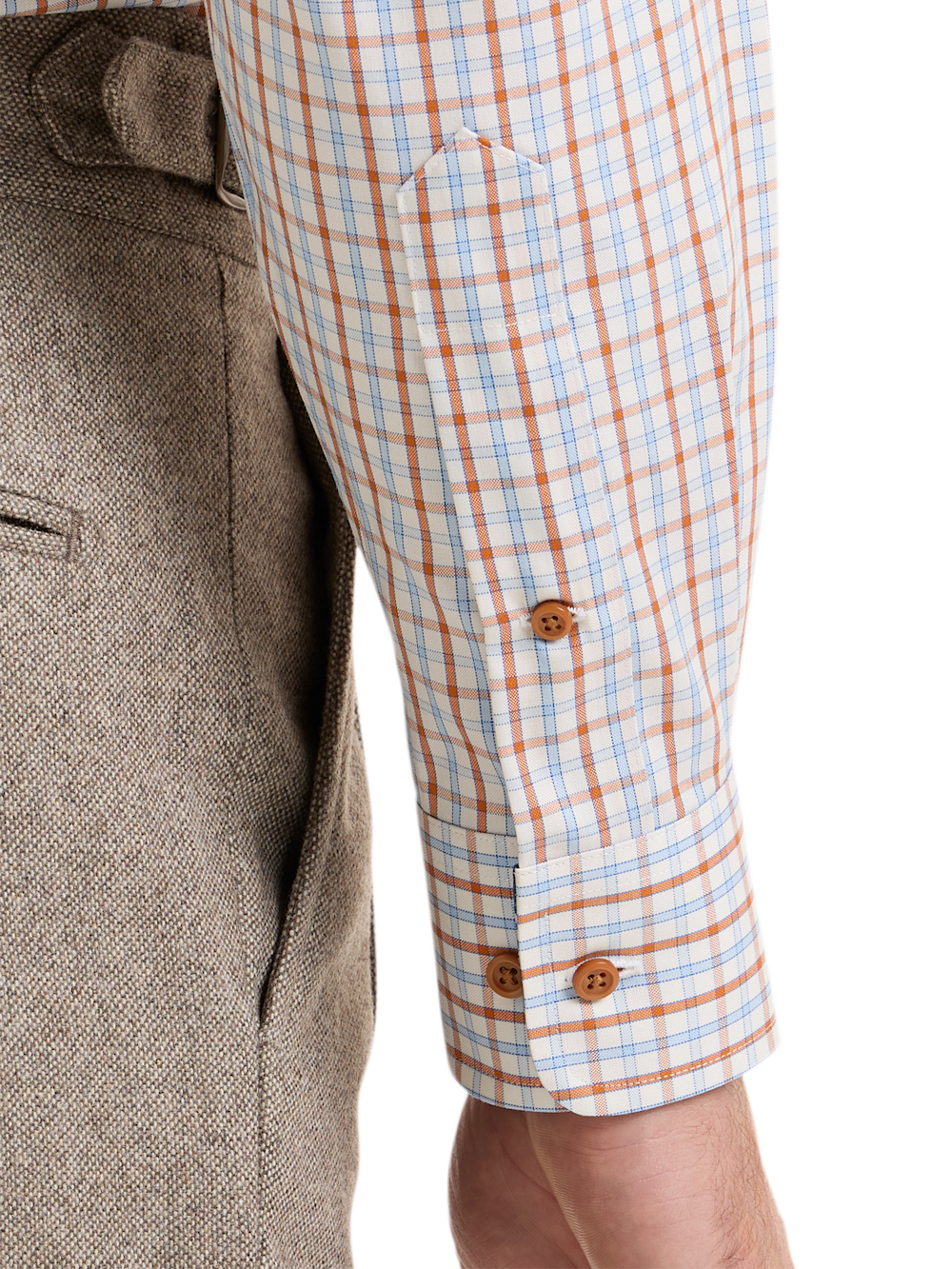 Alternate Shot of Men's Blue/rust Check Shirts Trim Inside Neckband  Inside Cuffs  Button Side Of Placket - 3
