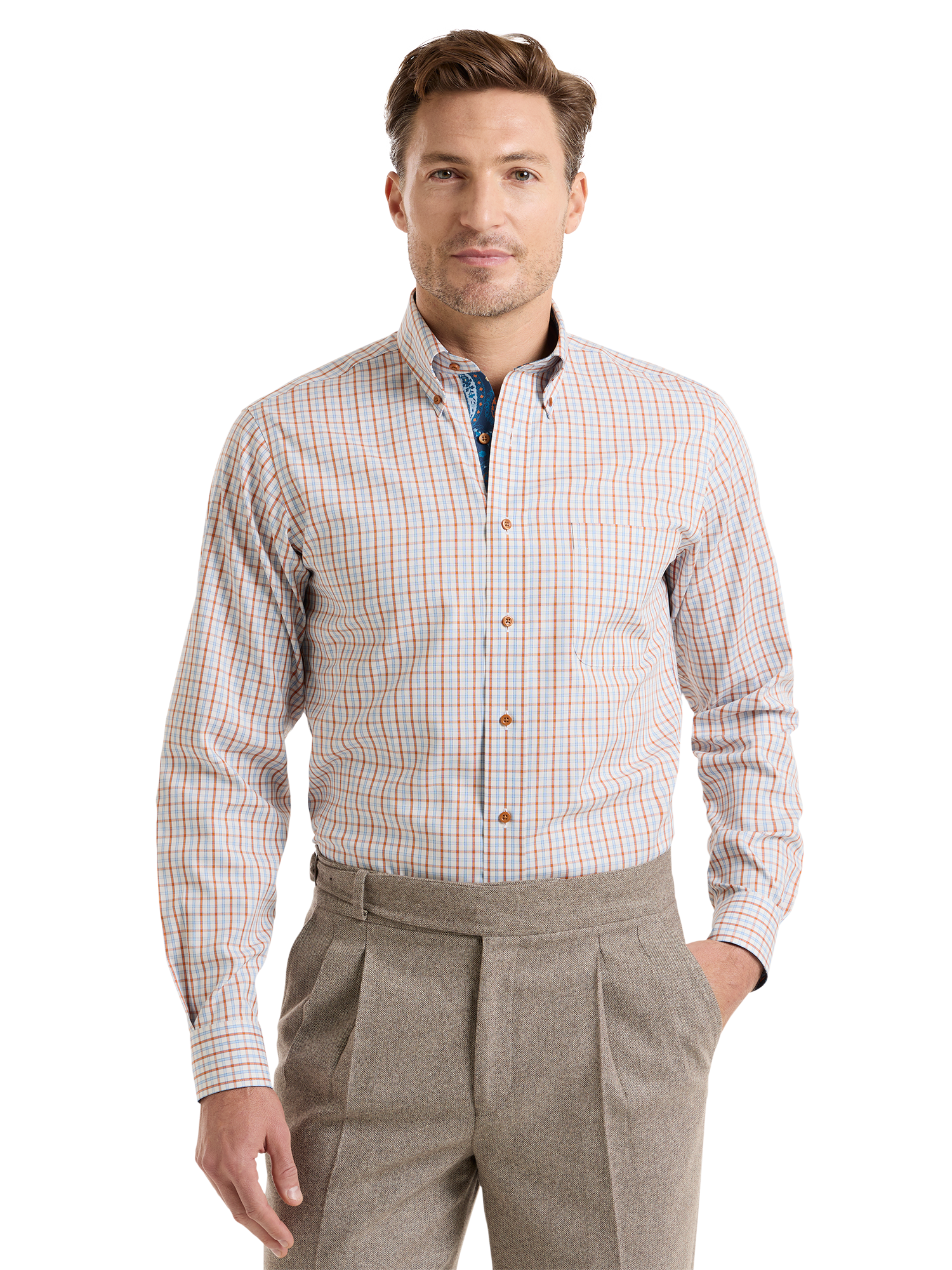 Non-Iron Cotton Check Dress Shirt With Contrast Trim - Blue/rust