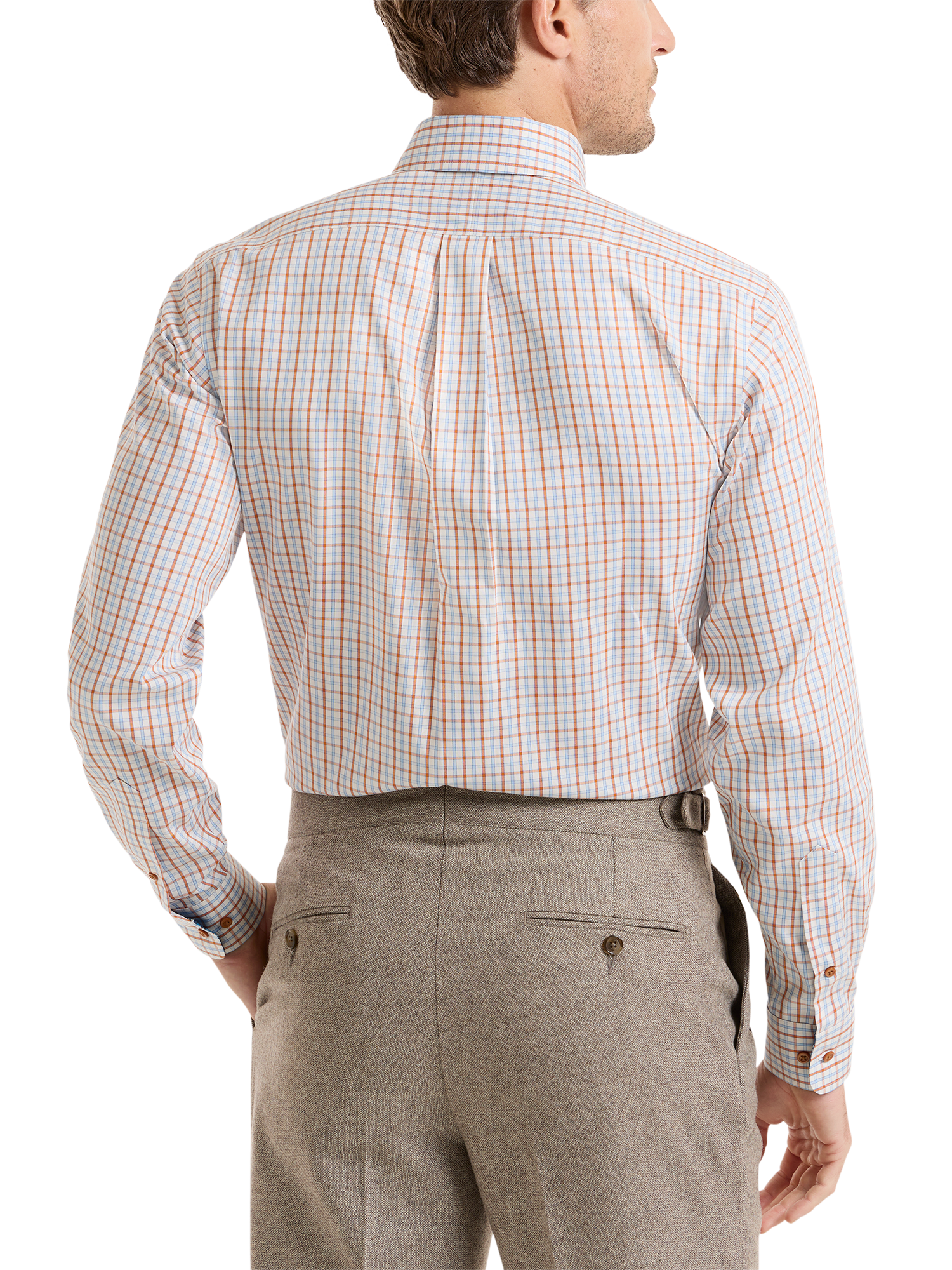 Non-Iron Cotton Check Dress Shirt With Contrast Trim - Blue/rust