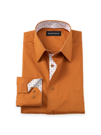 Non-Iron Cotton Solid Dress Shirt With Contrast Trim - Rust