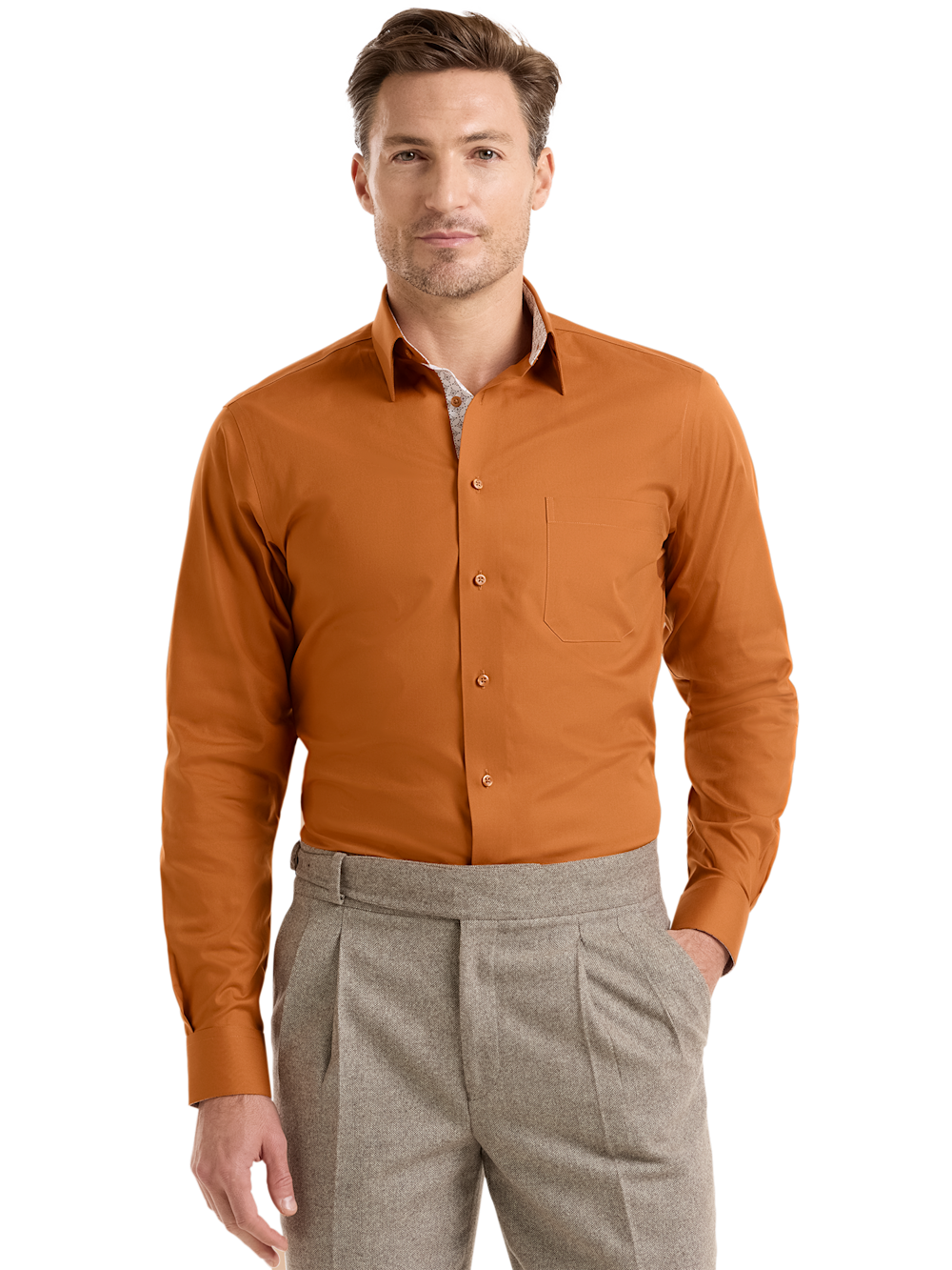 Alternate Shot of Men's Rust Solid Shirts Trim Inside Neckband  Inside Cuffs  Button Side Of Placket - 1