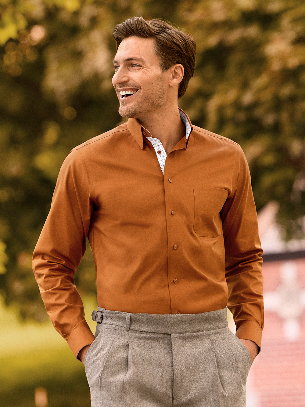 Alternate Shot of Men's Rust Solid Shirts Trim Inside Neckband  Inside Cuffs  Button Side Of Placket - 5
