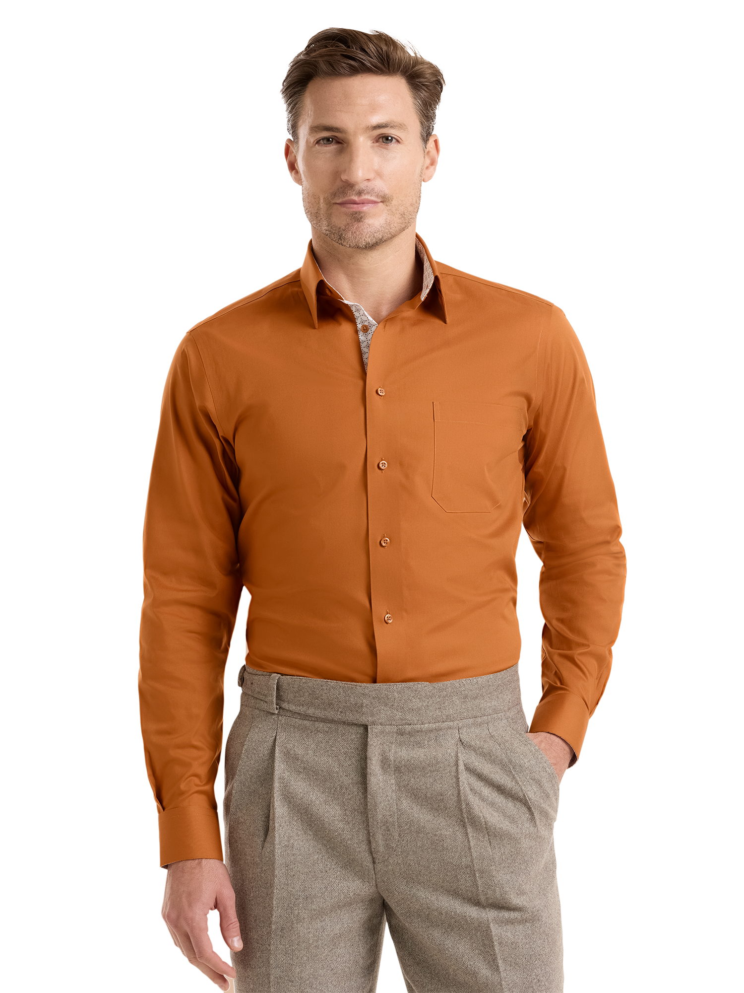 Non-Iron Cotton Solid Dress Shirt With Contrast Trim - Rust