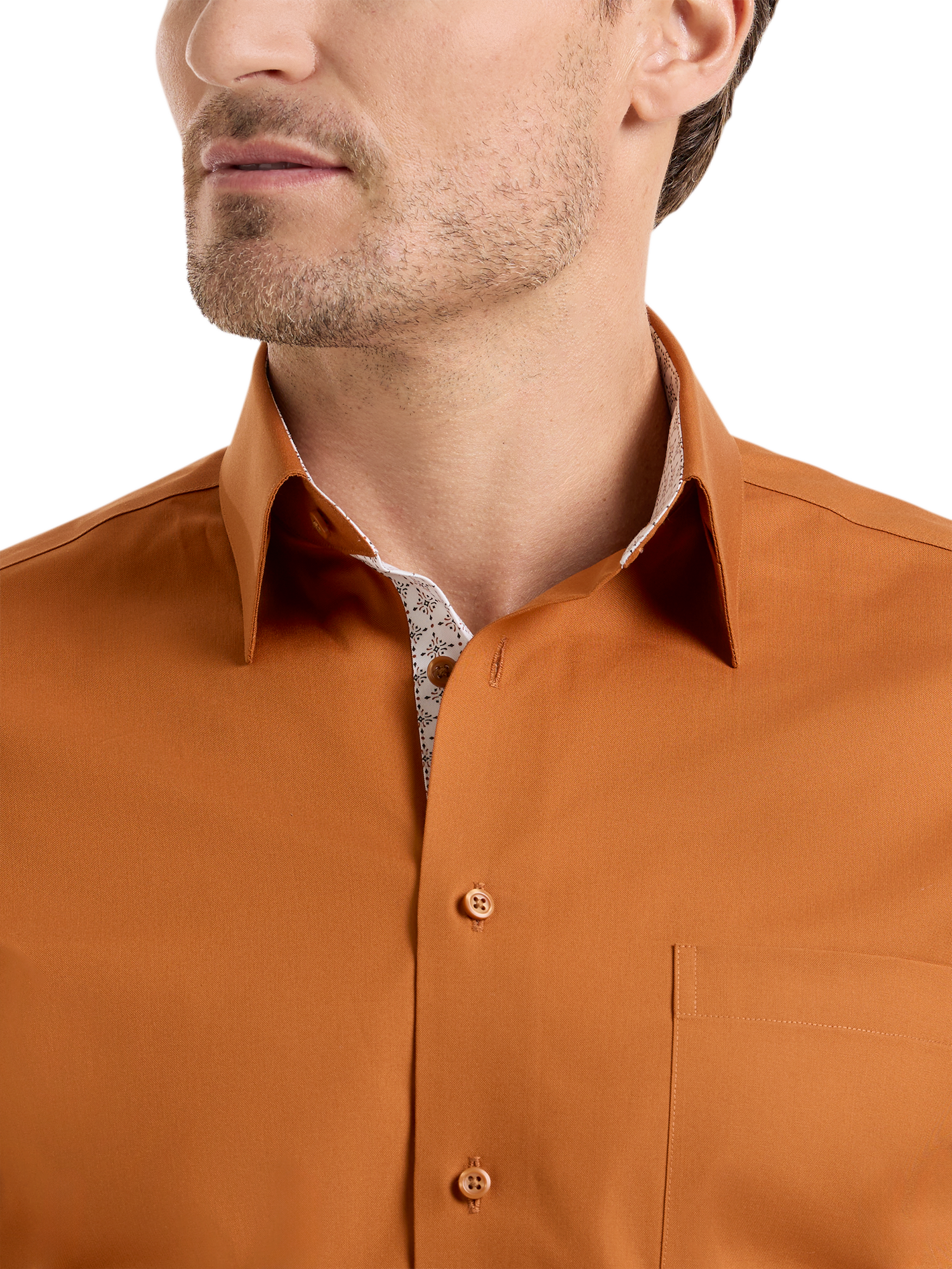 Non-Iron Cotton Solid Dress Shirt With Contrast Trim - Rust