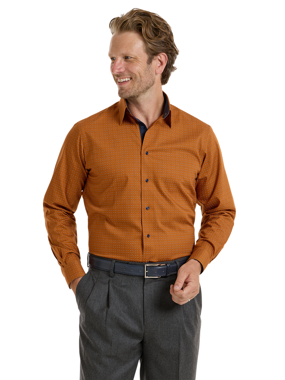 Alternate Shot of Men's Rust Paisley Pattern Shirts Trim Inside Neckband  Inside Cuffs  Button Side Of Placket - 1