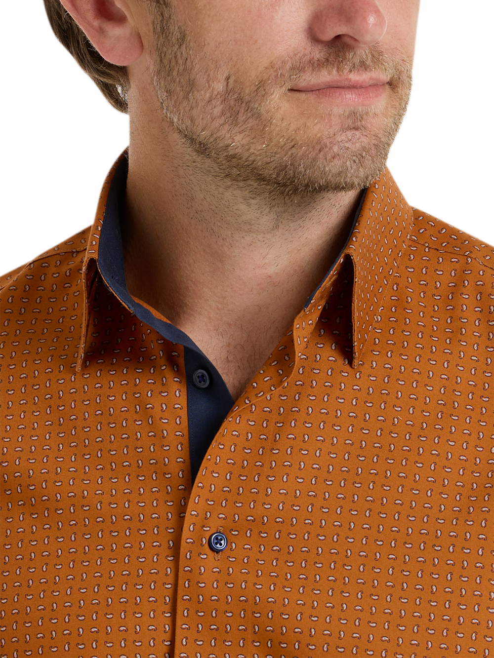 Alternate Shot of Men's Rust Paisley Pattern Shirts Trim Inside Neckband  Inside Cuffs  Button Side Of Placket - 2