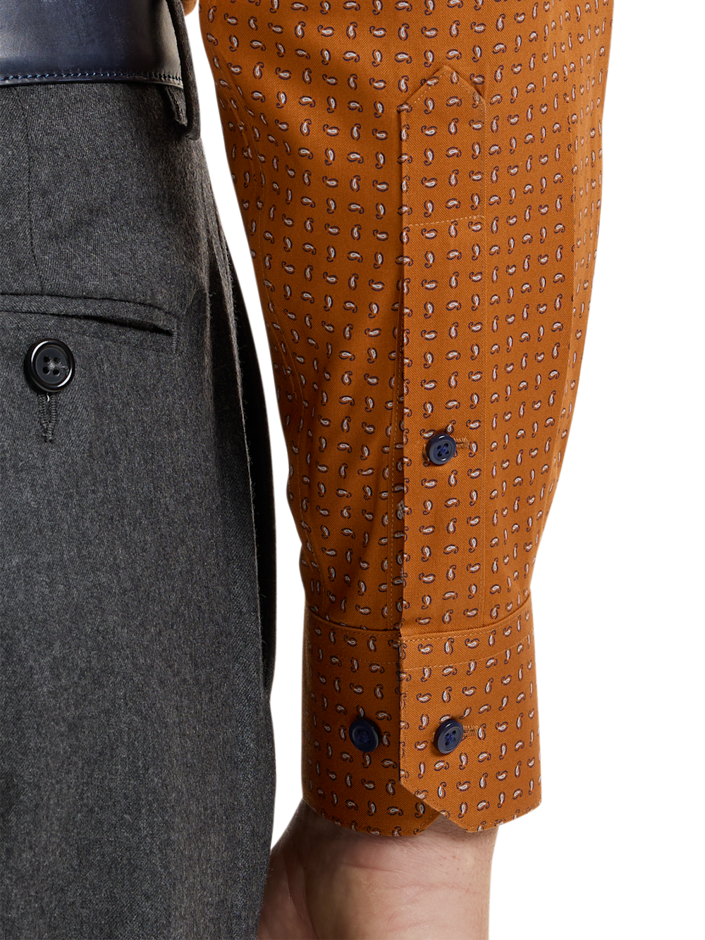 Alternate Shot of Men's Rust Paisley Pattern Shirts Trim Inside Neckband  Inside Cuffs  Button Side Of Placket - 3