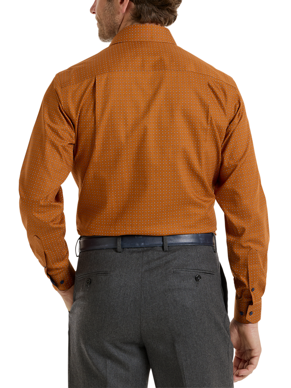 Alternate Shot of Men's Rust Paisley Pattern Shirts Trim Inside Neckband  Inside Cuffs  Button Side Of Placket - 4