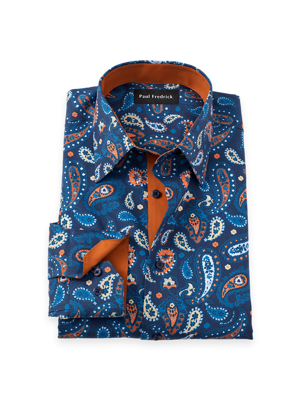 Men's Blue/rust Paisley Pattern Shirts Trim Inside Neckband  Inside Cuffs  Button Side Of Placket
