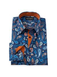 Non-Iron Cotton Paisley Dress Shirt With Contrast Trim - Blue/rust