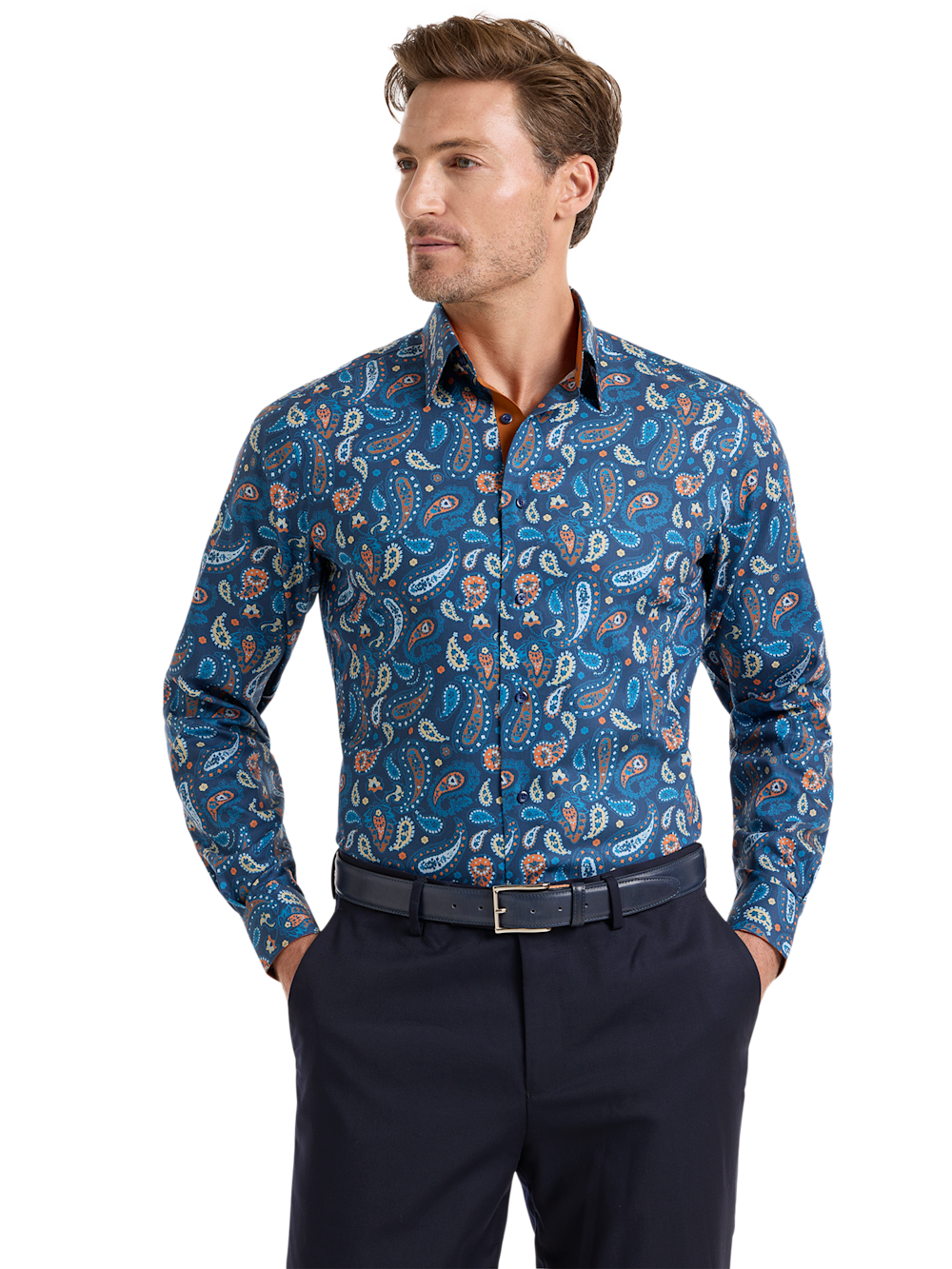 Alternate Shot of Men's Blue/rust Paisley Pattern Shirts Trim Inside Neckband  Inside Cuffs  Button Side Of Placket - 1